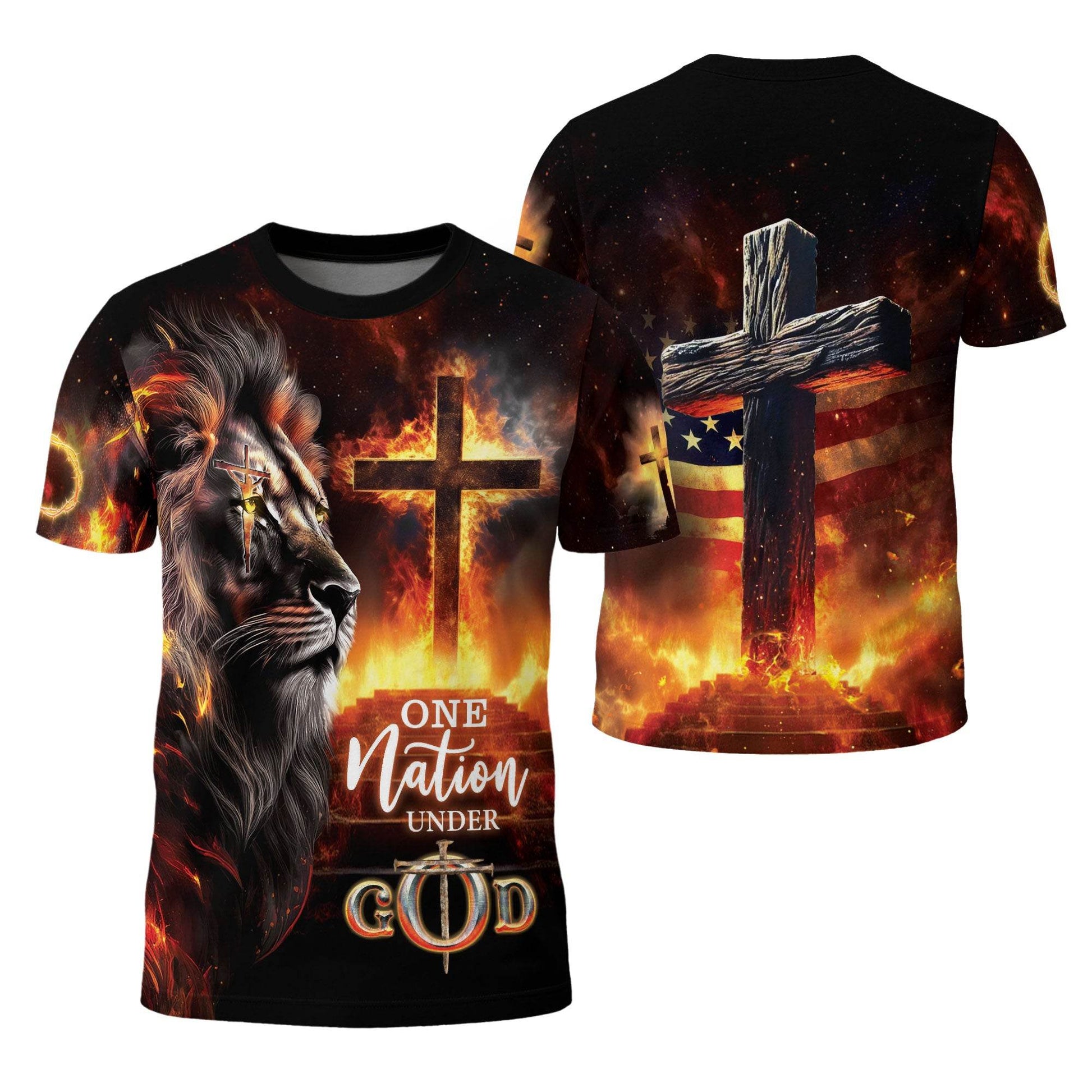 One Nation Under God Fire Cross Lion Christian T-Shirt - Rust Field Wear