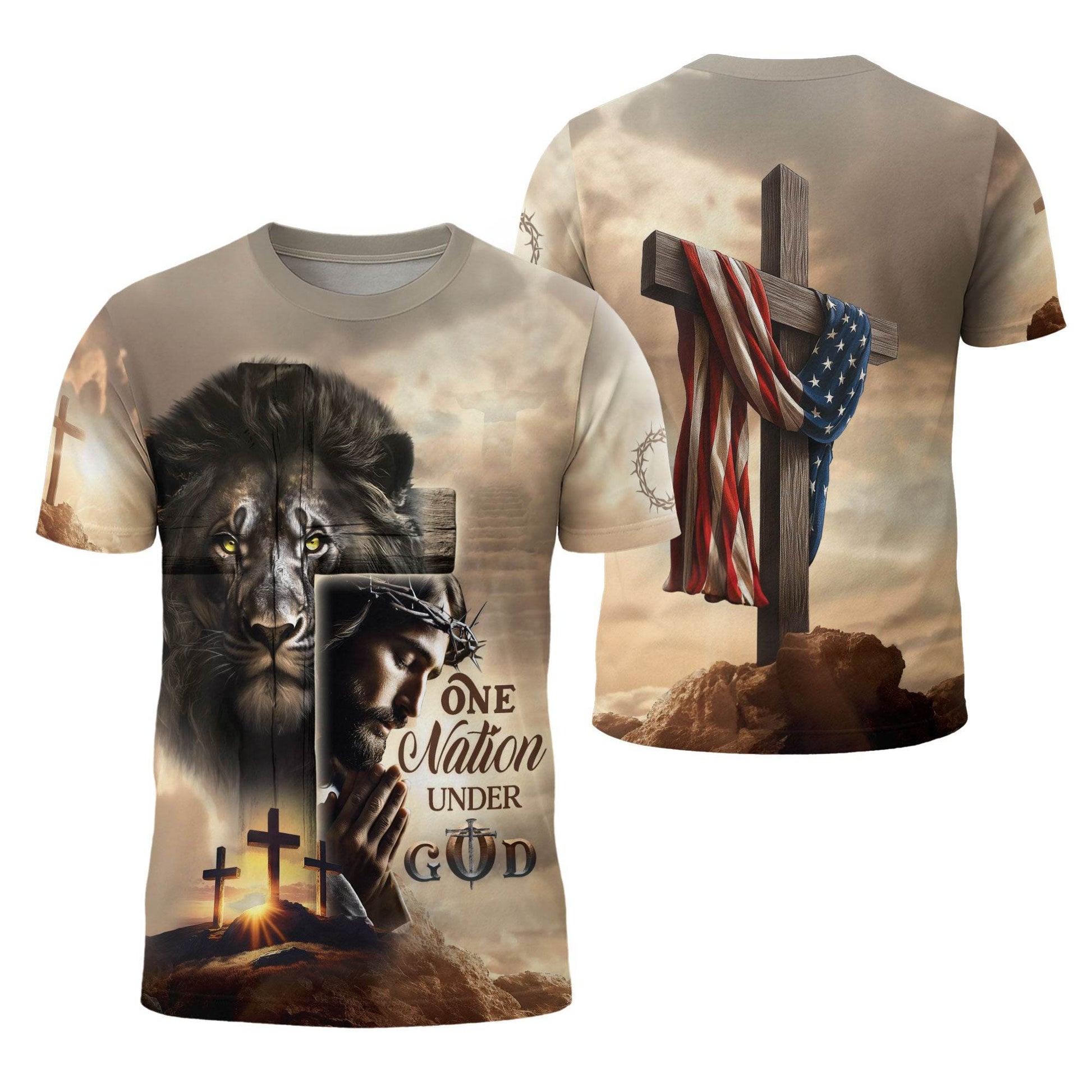 One Nation Under God Sunrise Lion Cross Christian T-Shirt - Rust Field Wear