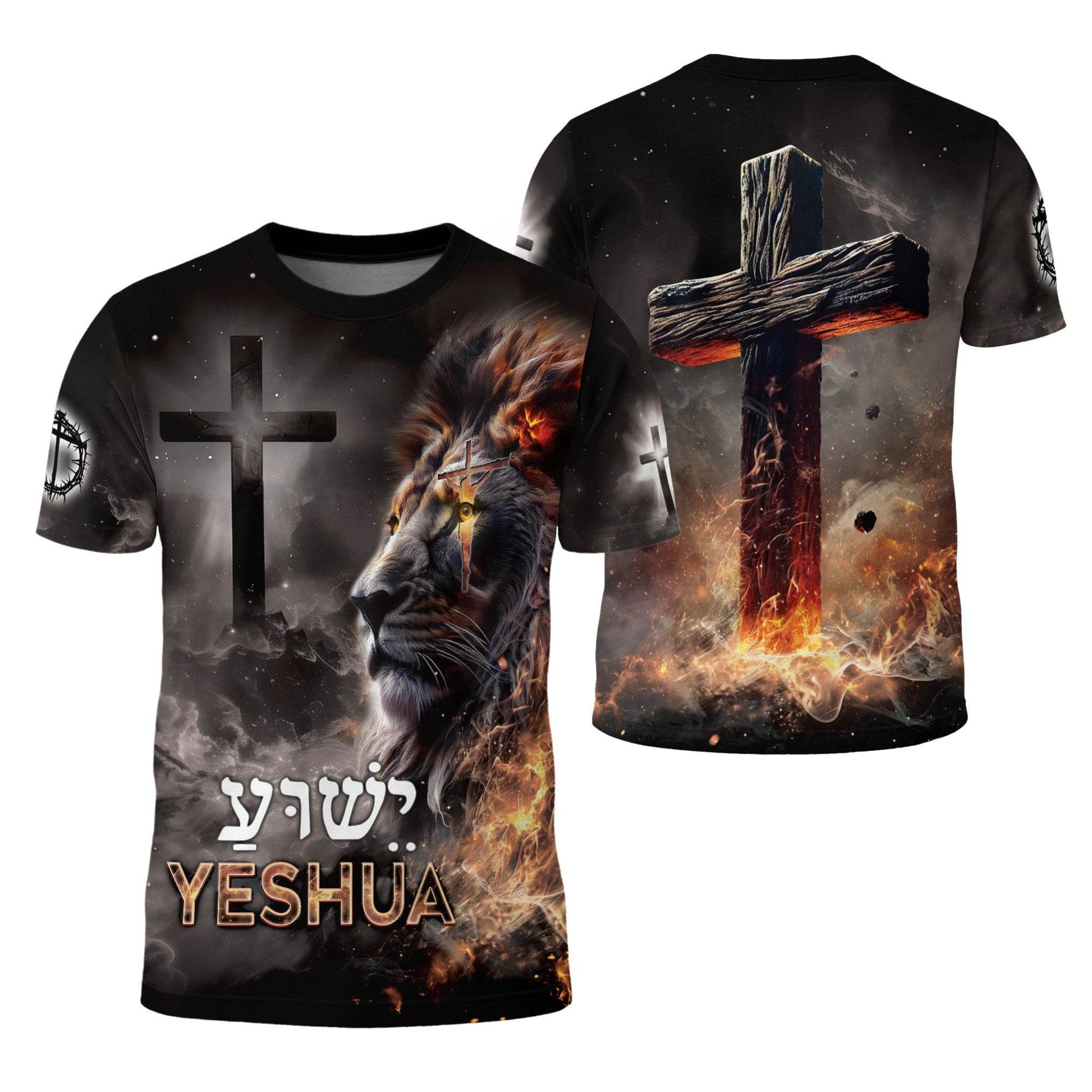 Yeshua Lion of Judah & Fiery Cross Christian T-Shirt - Rust Field Wear