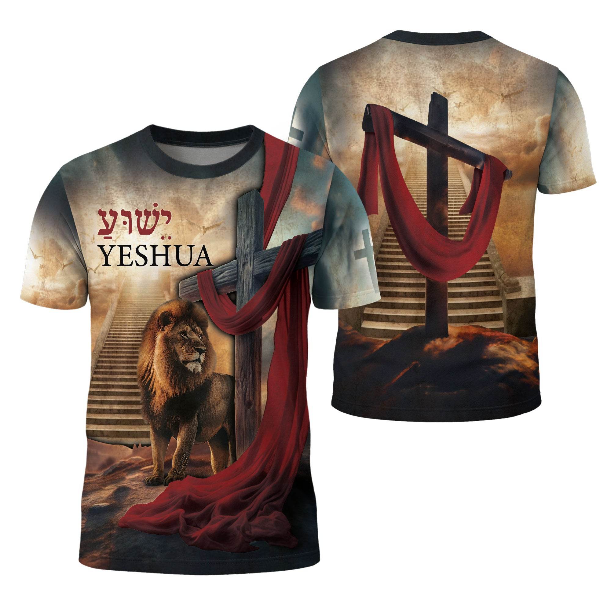 Yeshua Lion of Judah with Cross & Red Cloth Christian T-Shirt - Rust Field Wear