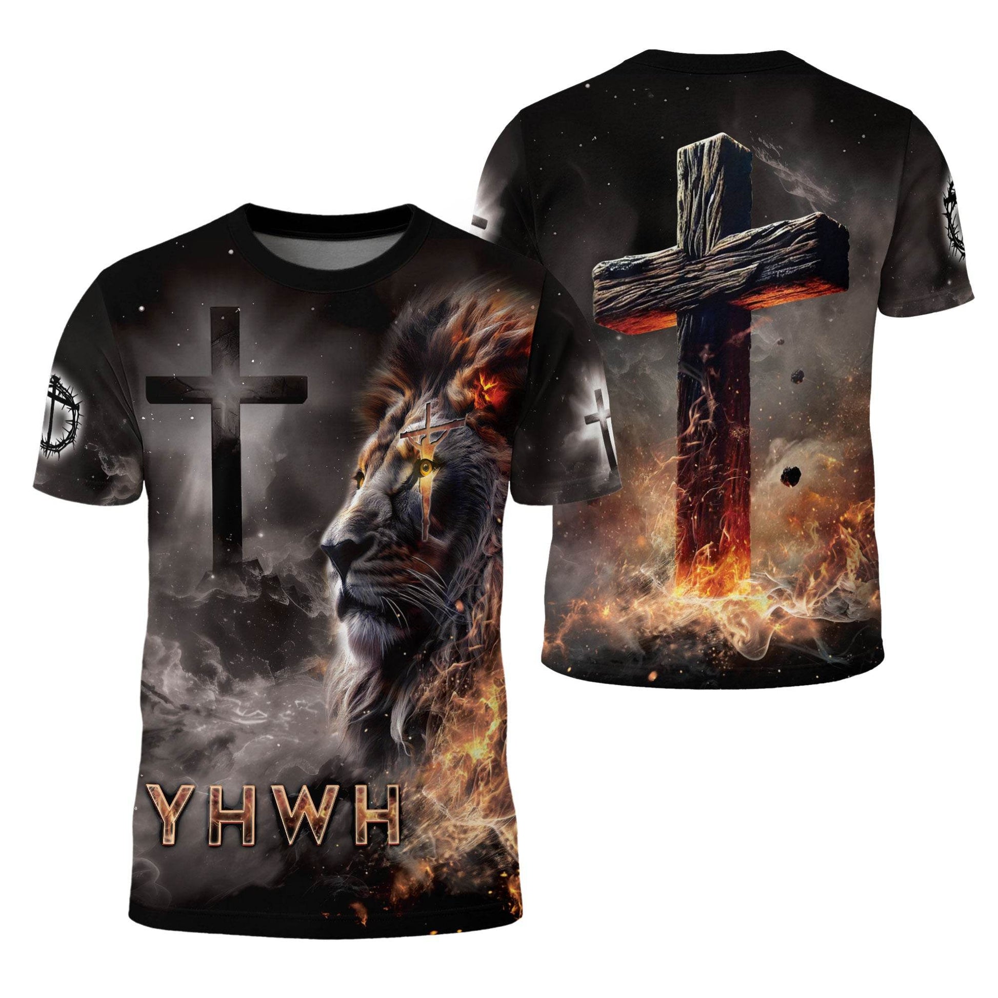 YHWH Lion of Judah & Fiery Cross Christian T-Shirt - Rust Field Wear