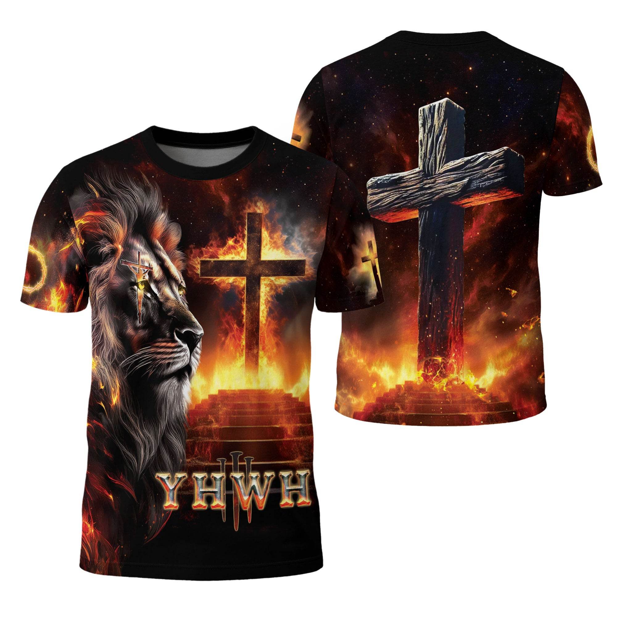 YHWH Fiery Lion of Judah & Burning Cross Christian T-Shirt - Rust Field Wear