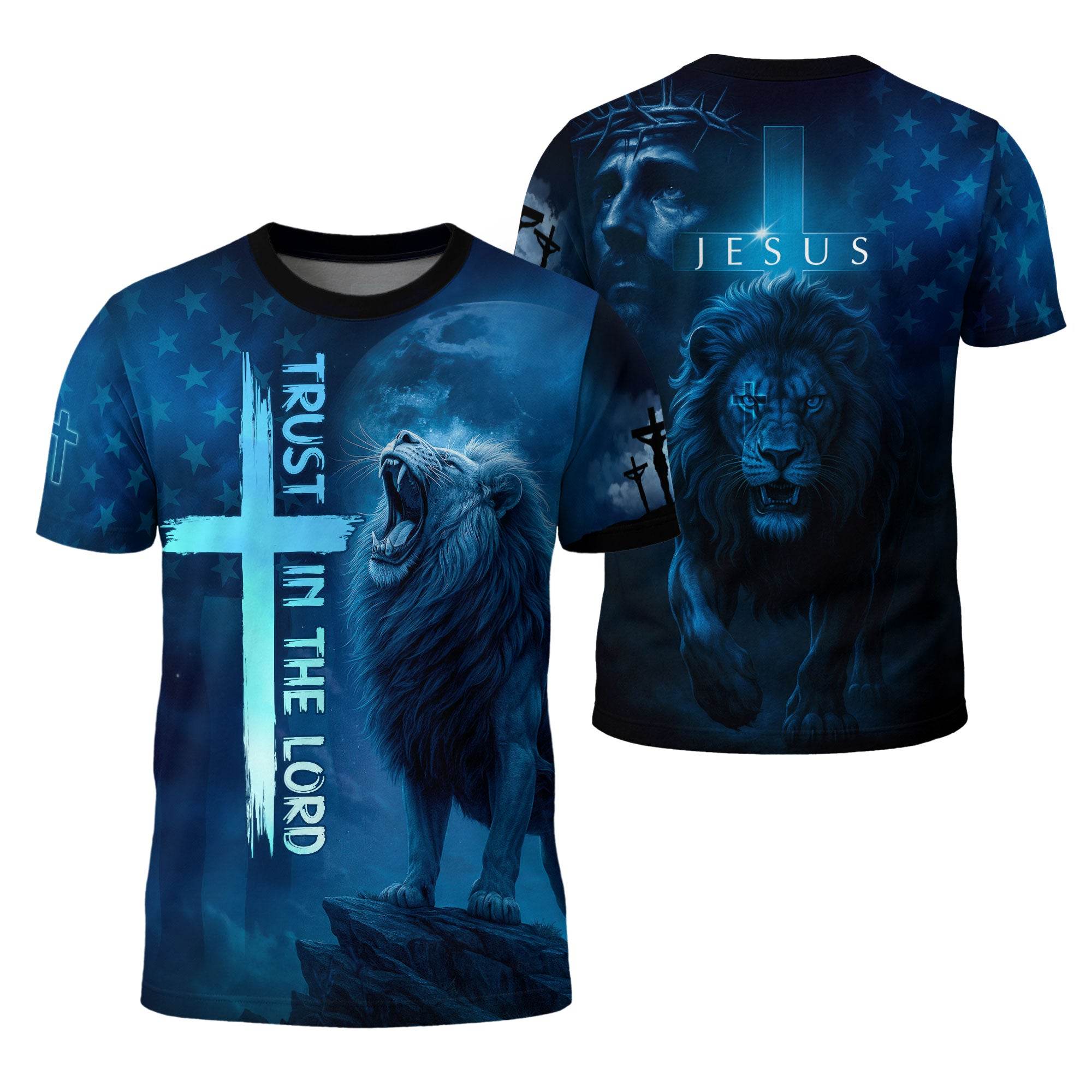Trust In The Lord Blue Cross & Lion Design T-Shirt - Rust Field Wear