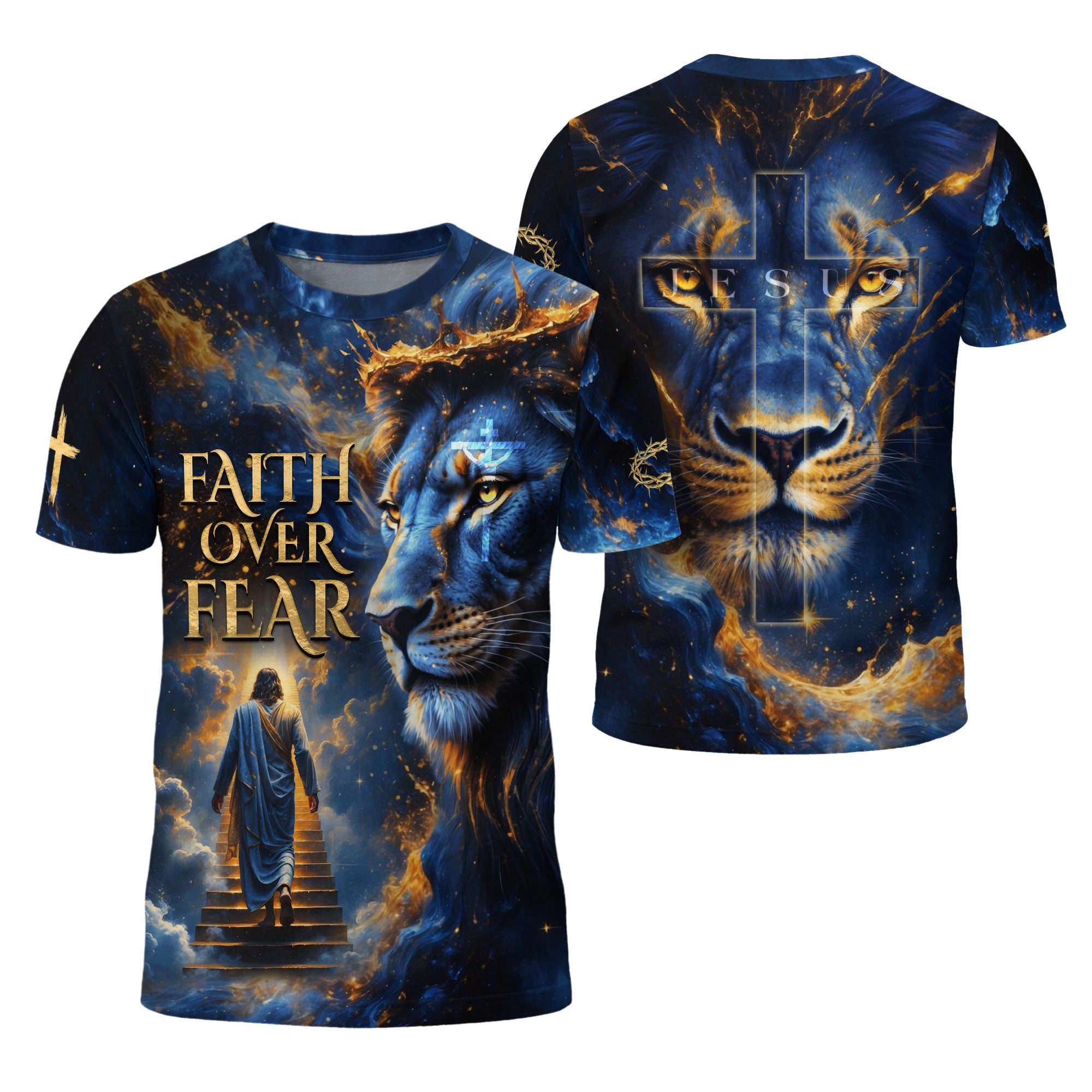 Faith Over Fear Blue Lion & Jesus Ascending Stairs Christian T-Shirt
