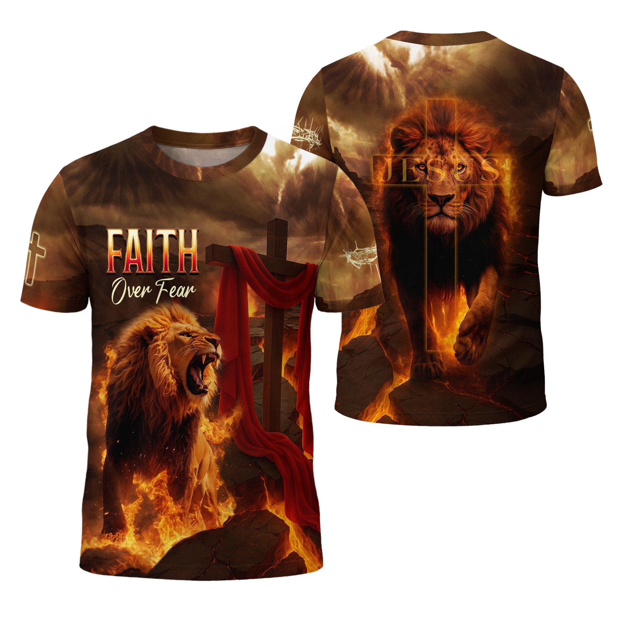 Faith Over Fear Lion & Cross in Flames Christian T-Shirt