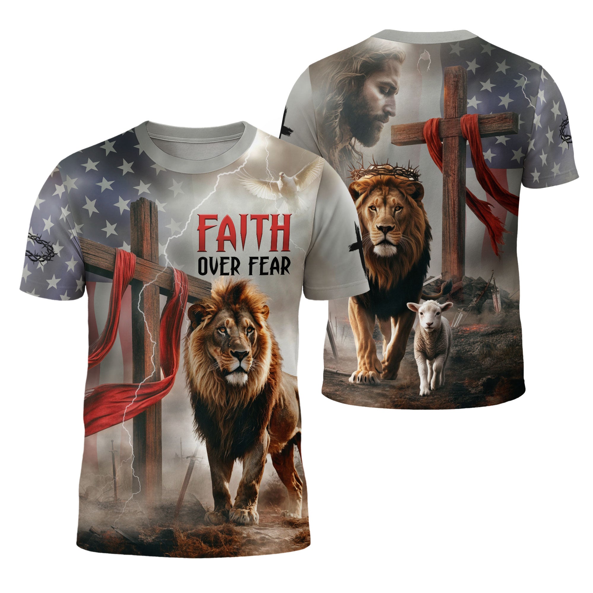 Faith Over Fear American Flag Lion & Cross Christian T-Shirt