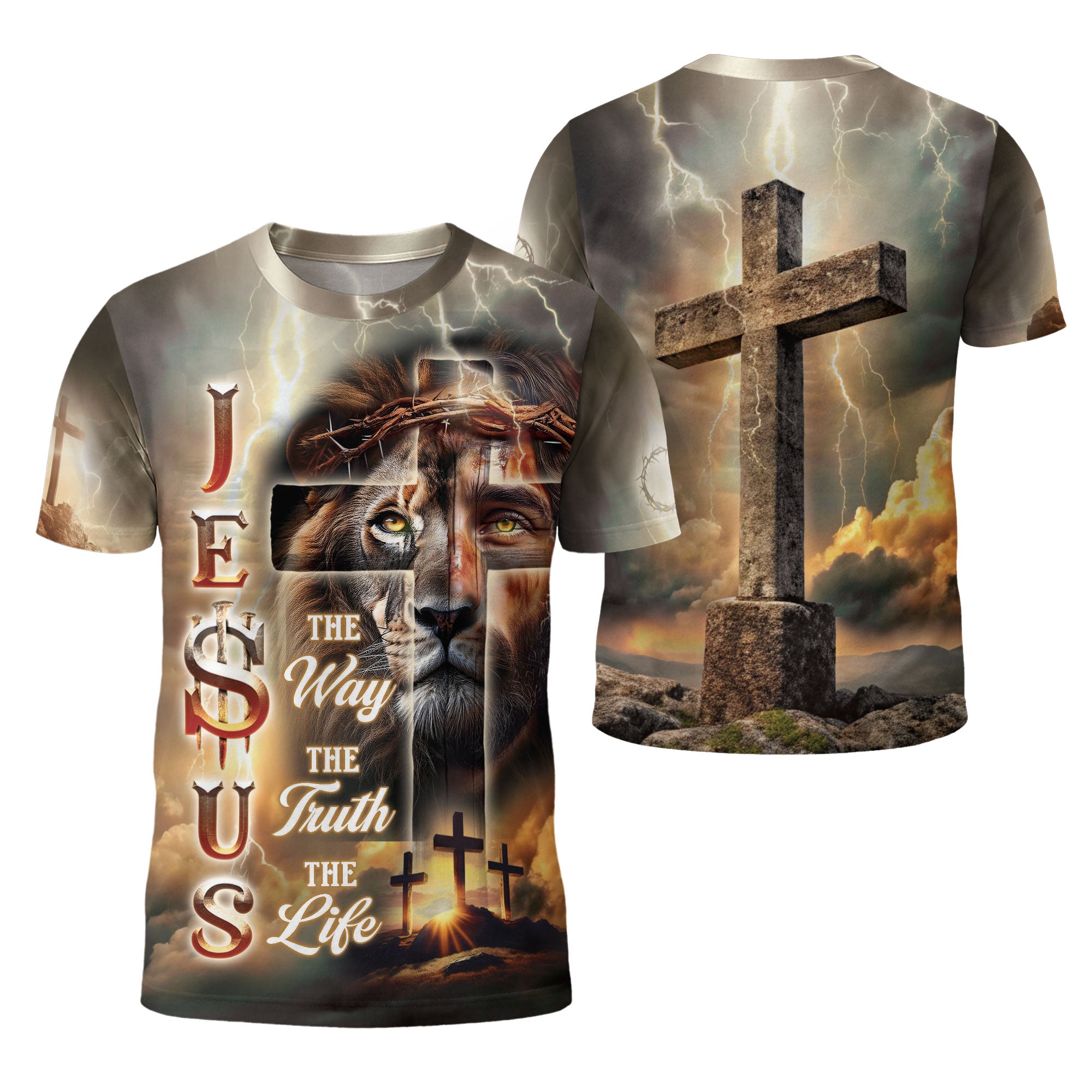 Jesus The Way The Truth The Life Lion & Cross Lightning Christian T-Shirt