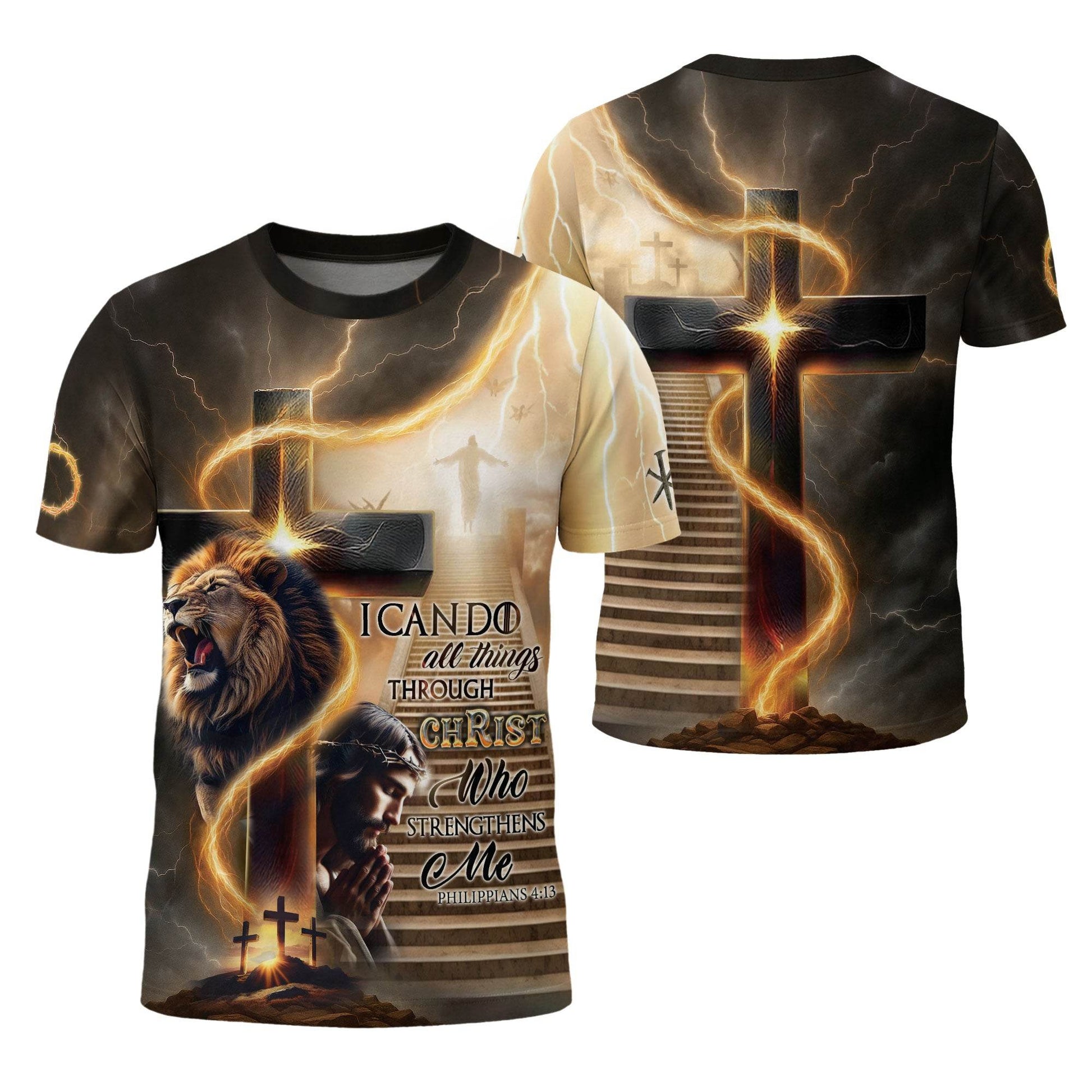 I Can Do All Things Through Christ Lion Cross Lightning T-Shirt - Rust Field Wear