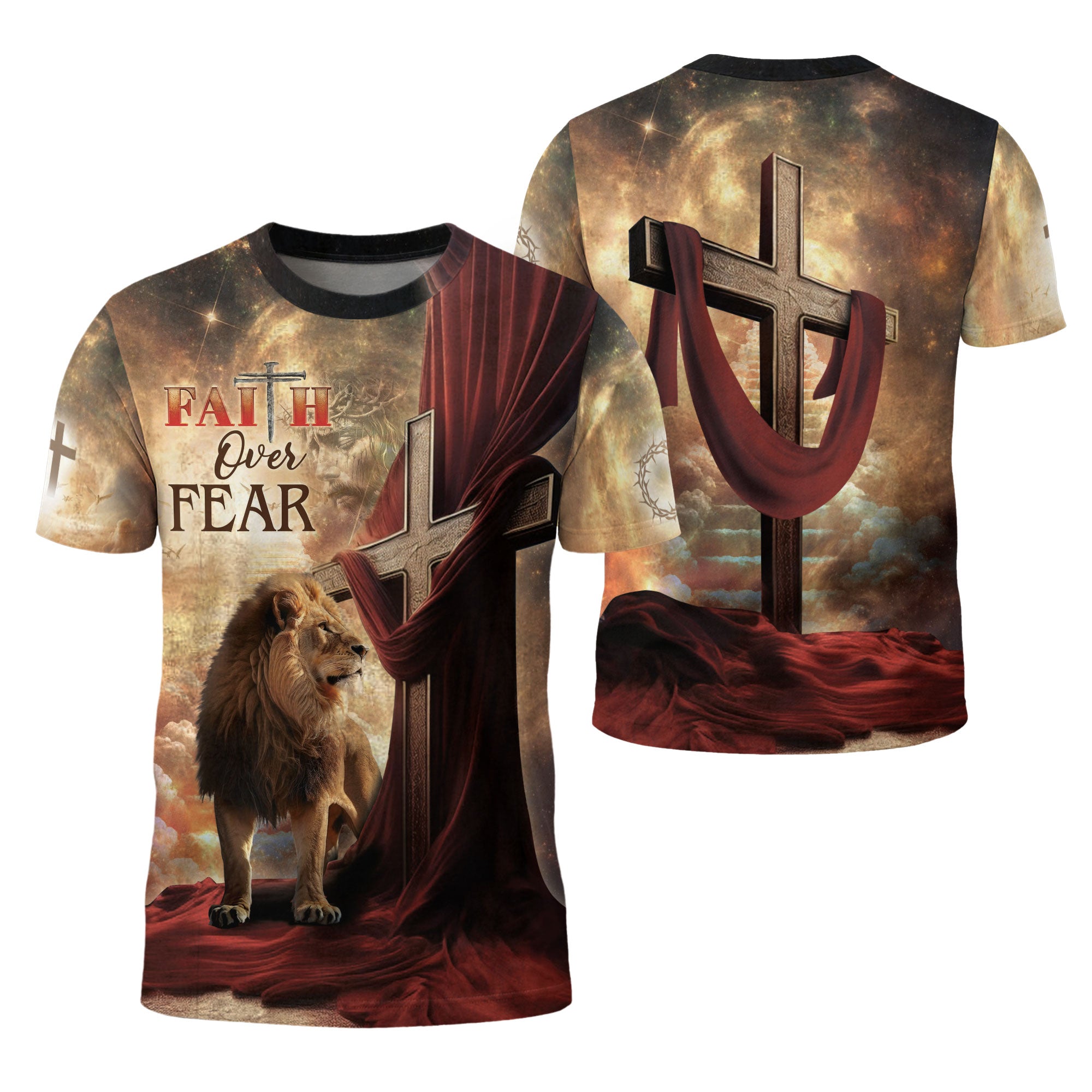 Faith Over Fear Lion and Cross Red Drape Christian T-Shirt