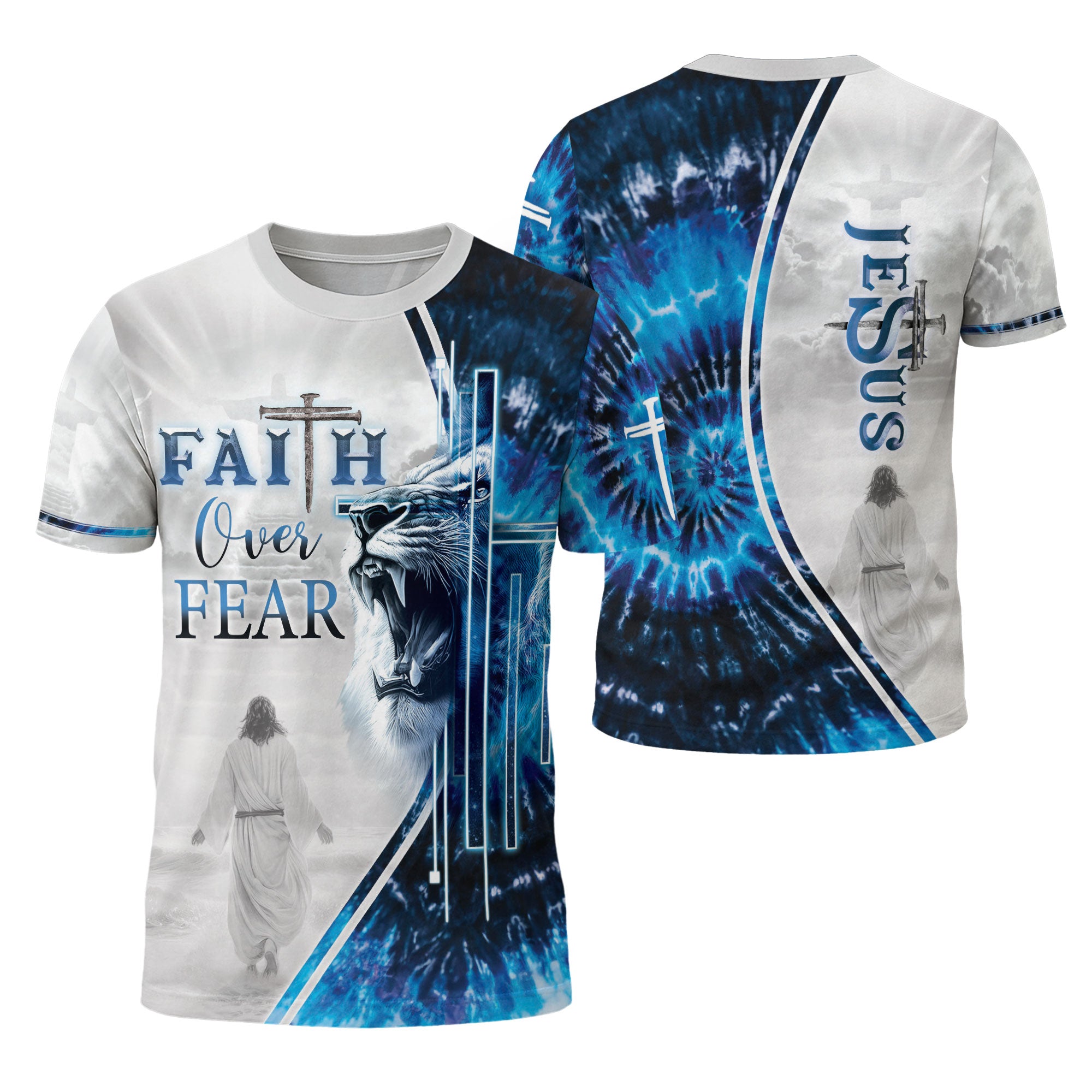 Faith Over Fear Blue Lion & Cross Christian T-Shirt