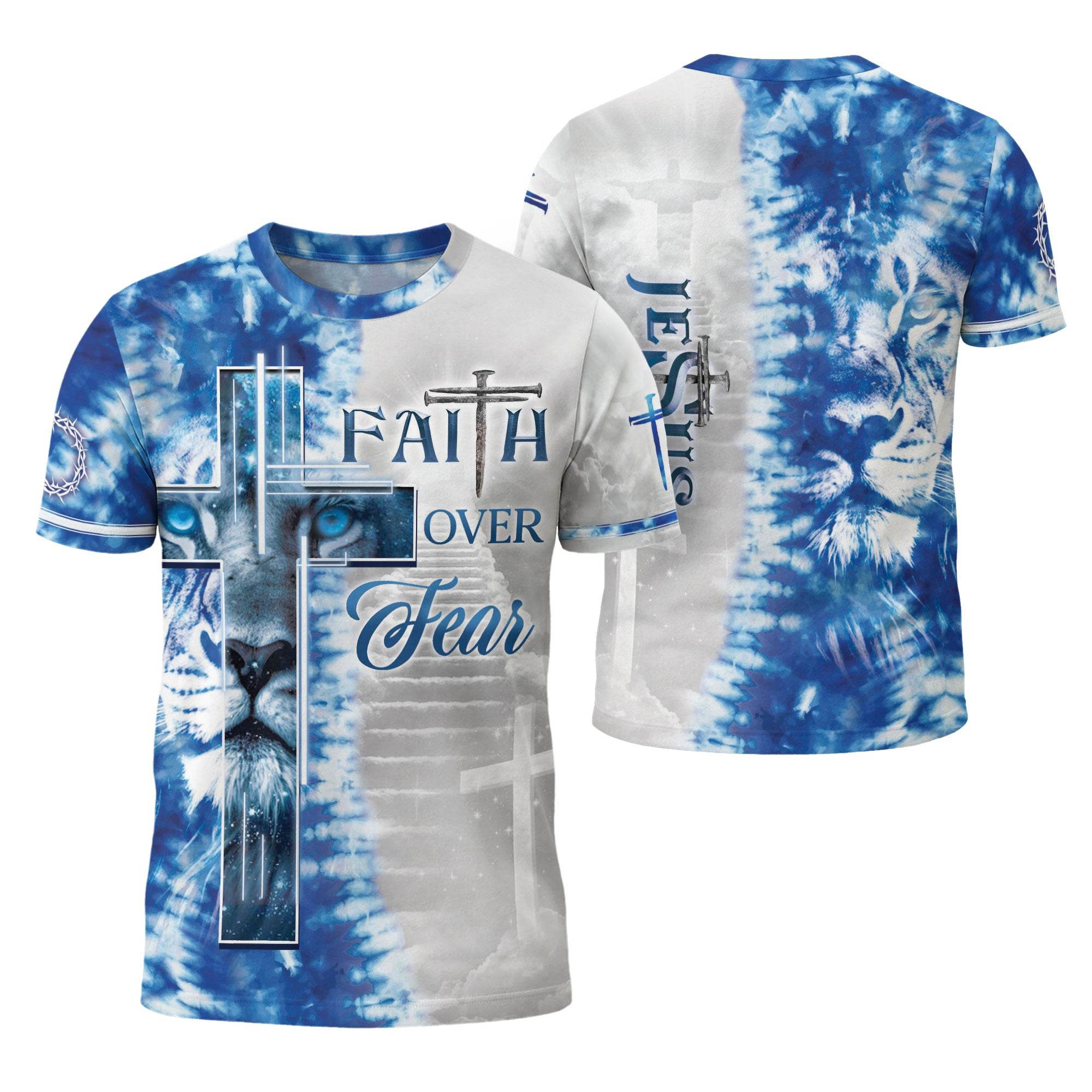 Faith Over Fear Blue Lion Cross Christian T-Shirt - Rust Field Wear
