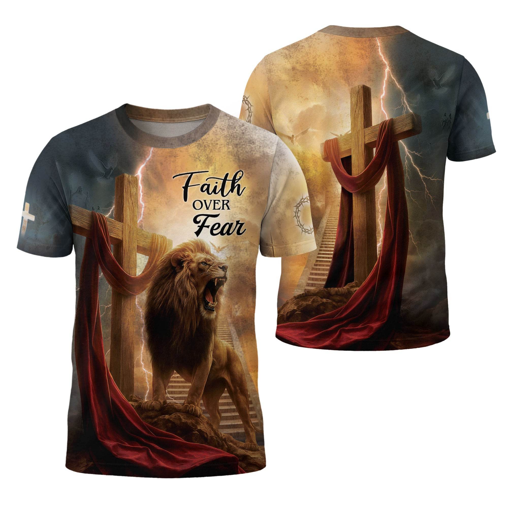 Faith Over Fear Lion Cross Christian T-Shirt - Rust Field Wear