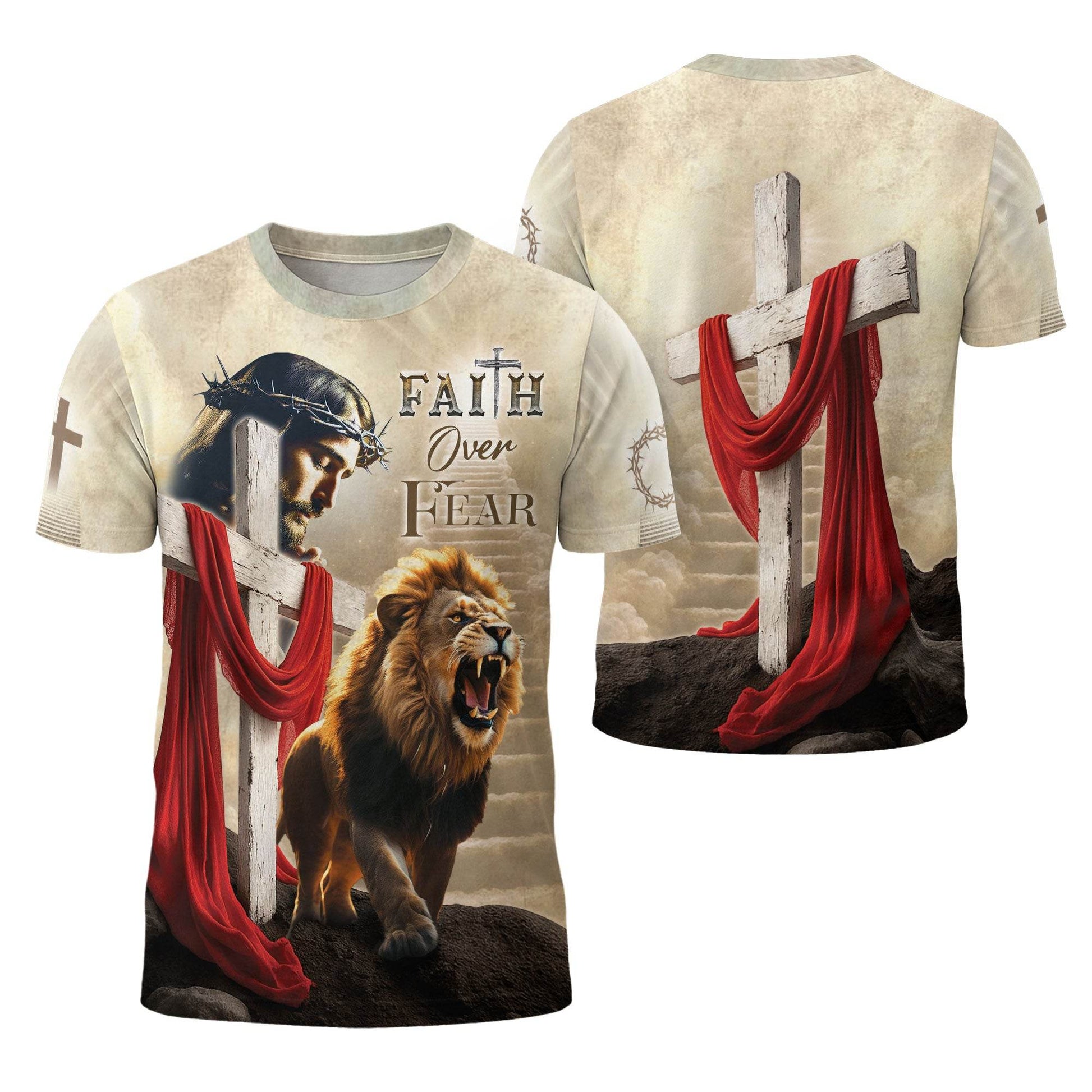 Faith Over Fear Jesus & Lion with Red Drape Christian T-Shirt - Rust Field Wear