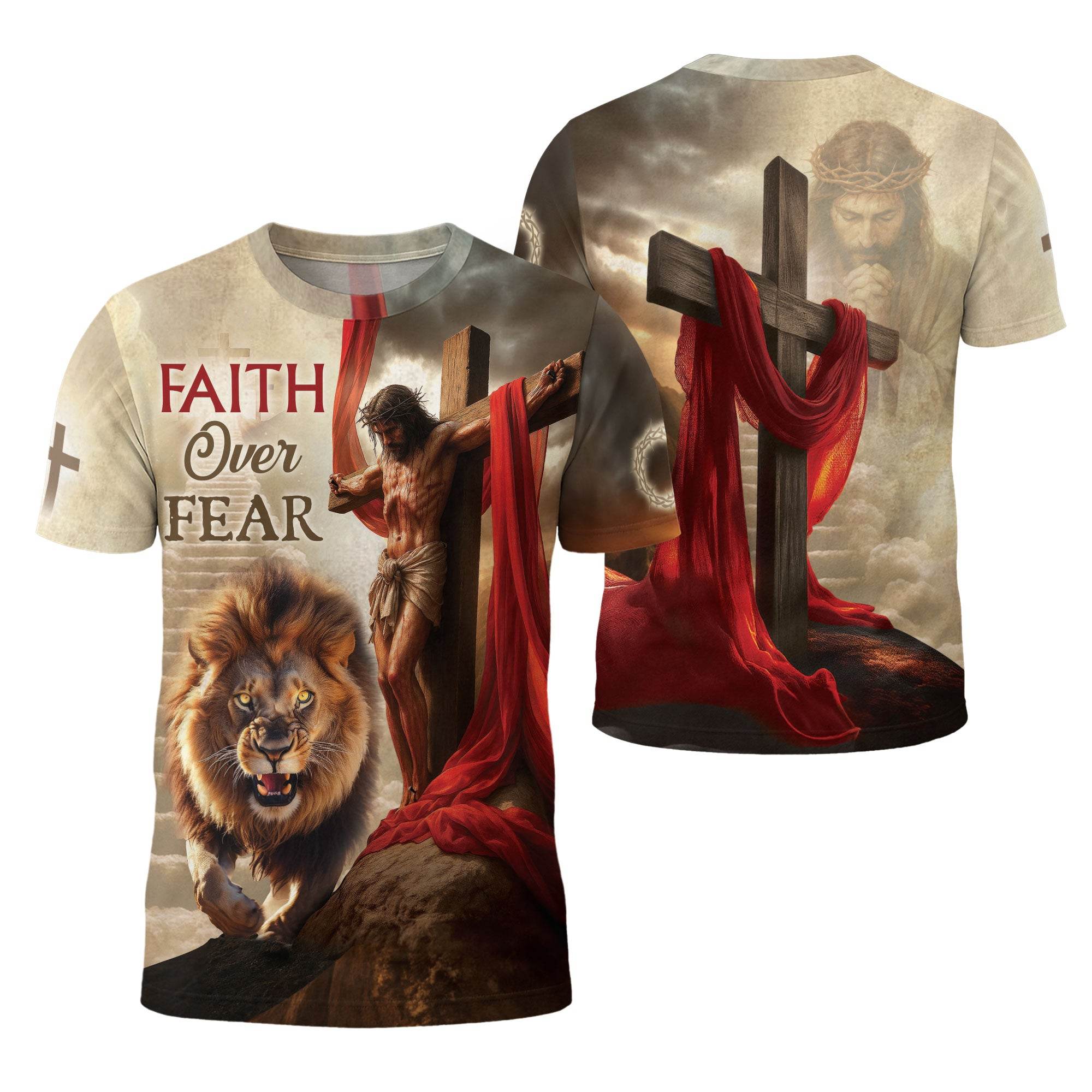 Faith Over Fear Jesus Lion & Cross Christian T-Shirt - Rust Field Wear