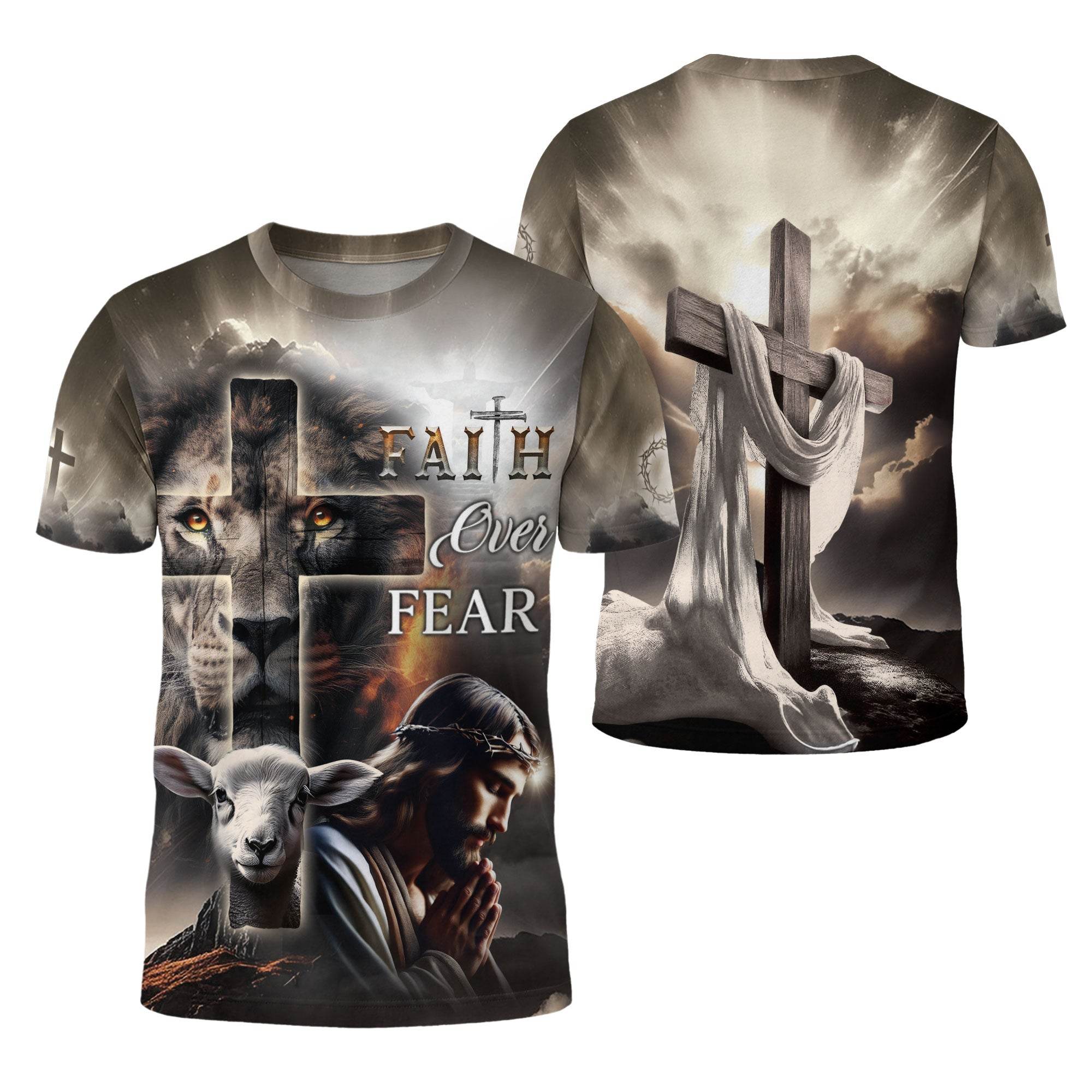 Faith Over Fear Lion Cross & Lamb Christian T-Shirt - Rust Field Wear