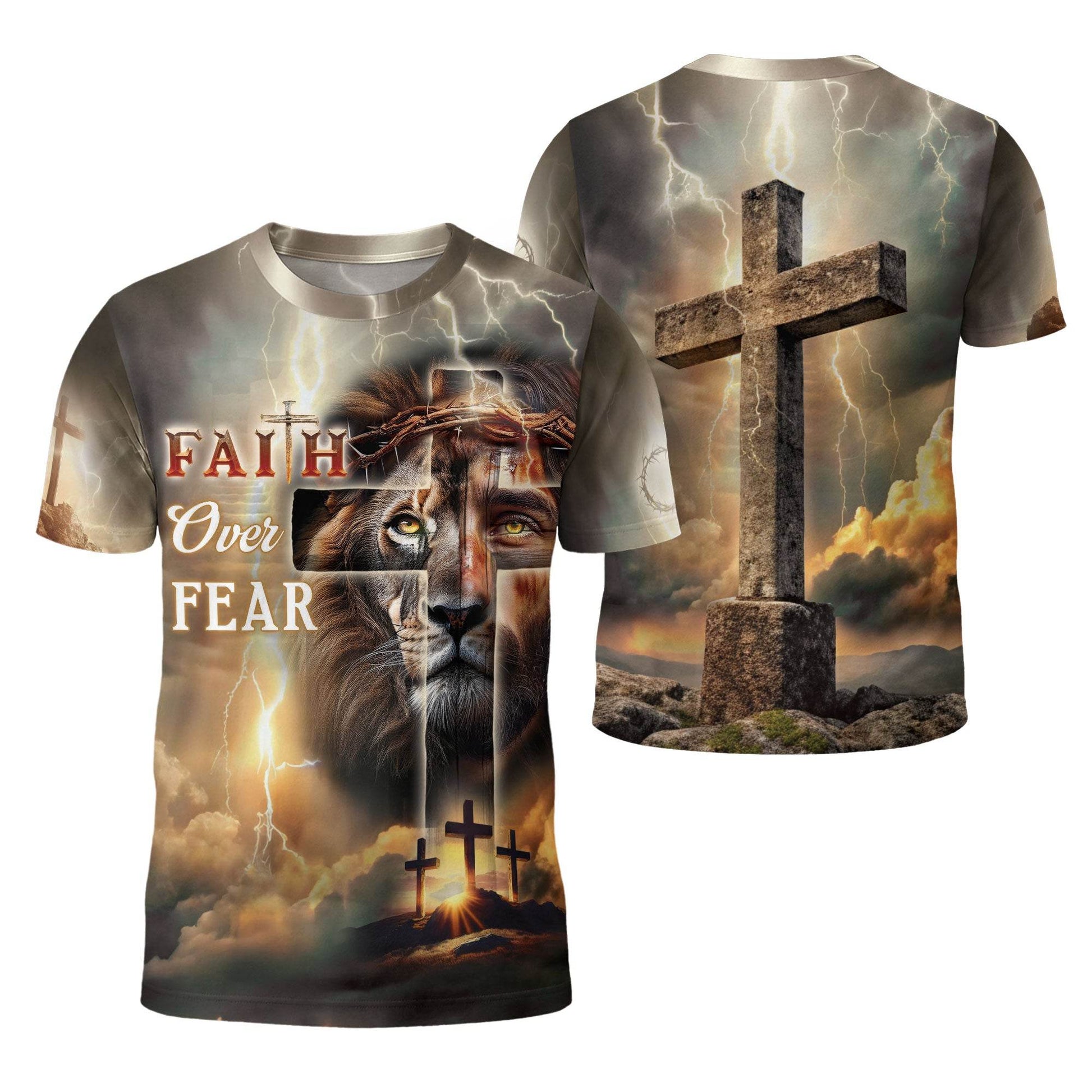 Faith Over Fear Lion & Cross Lightning Christian T-Shirt - Rust Field Wear