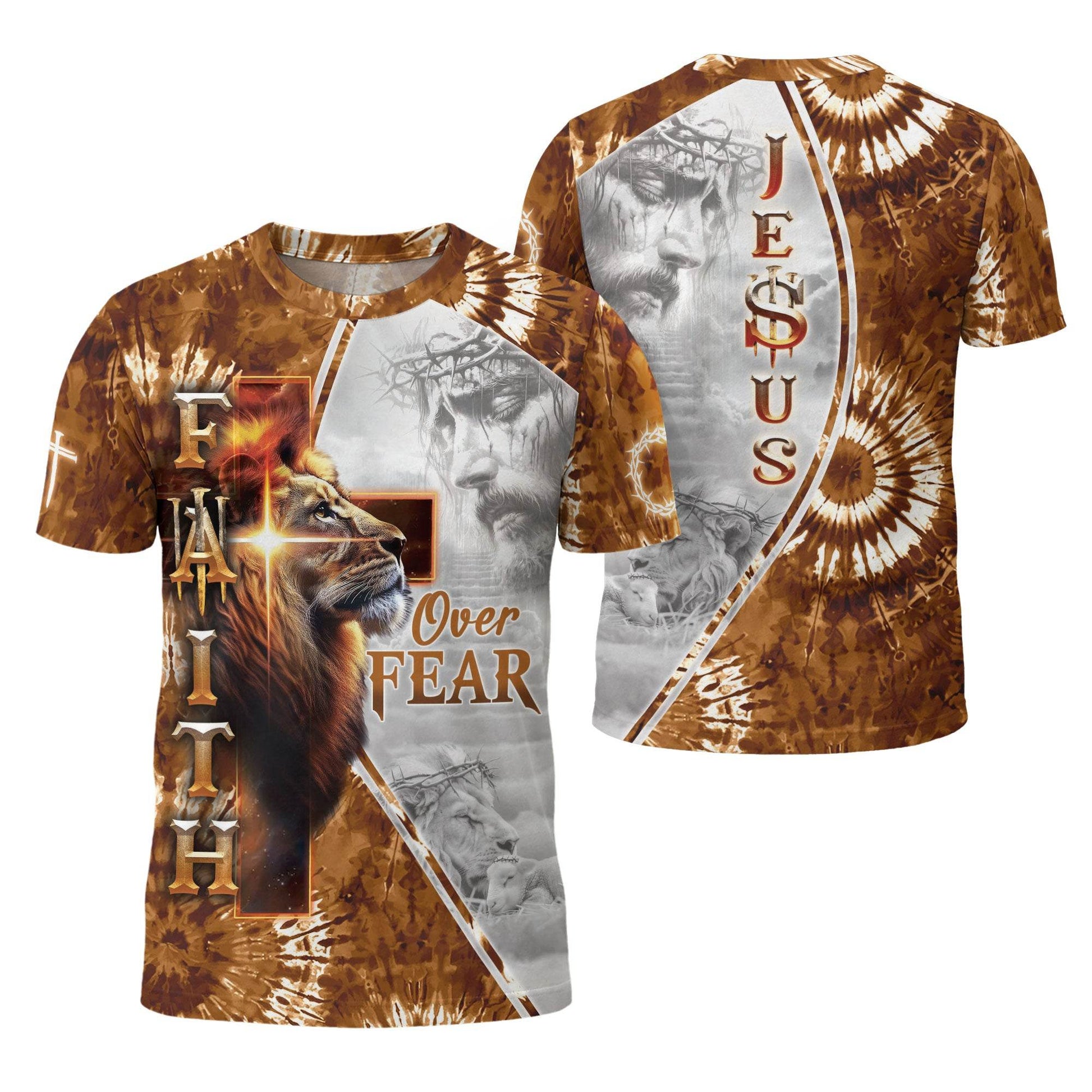 Faith Over Fear Lion & Jesus Cross Christian T-Shirt - Rust Field Wear