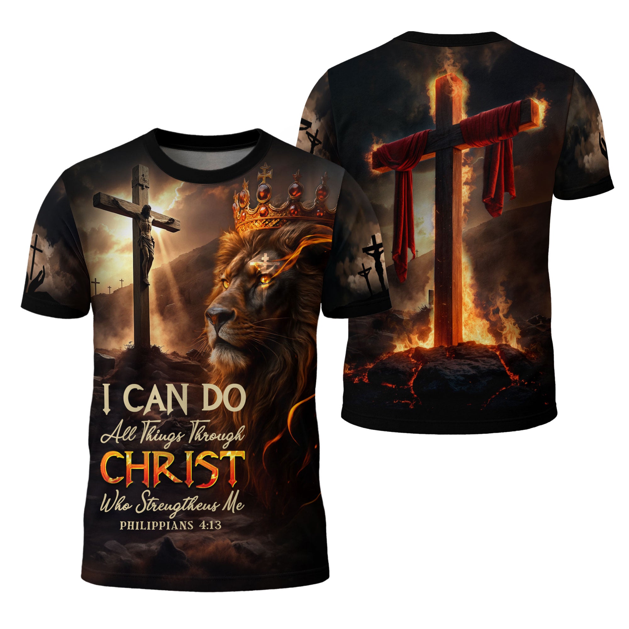 I Can Do All Things Through Christ Lion of Judah Cross Fire Christian T-Shirt