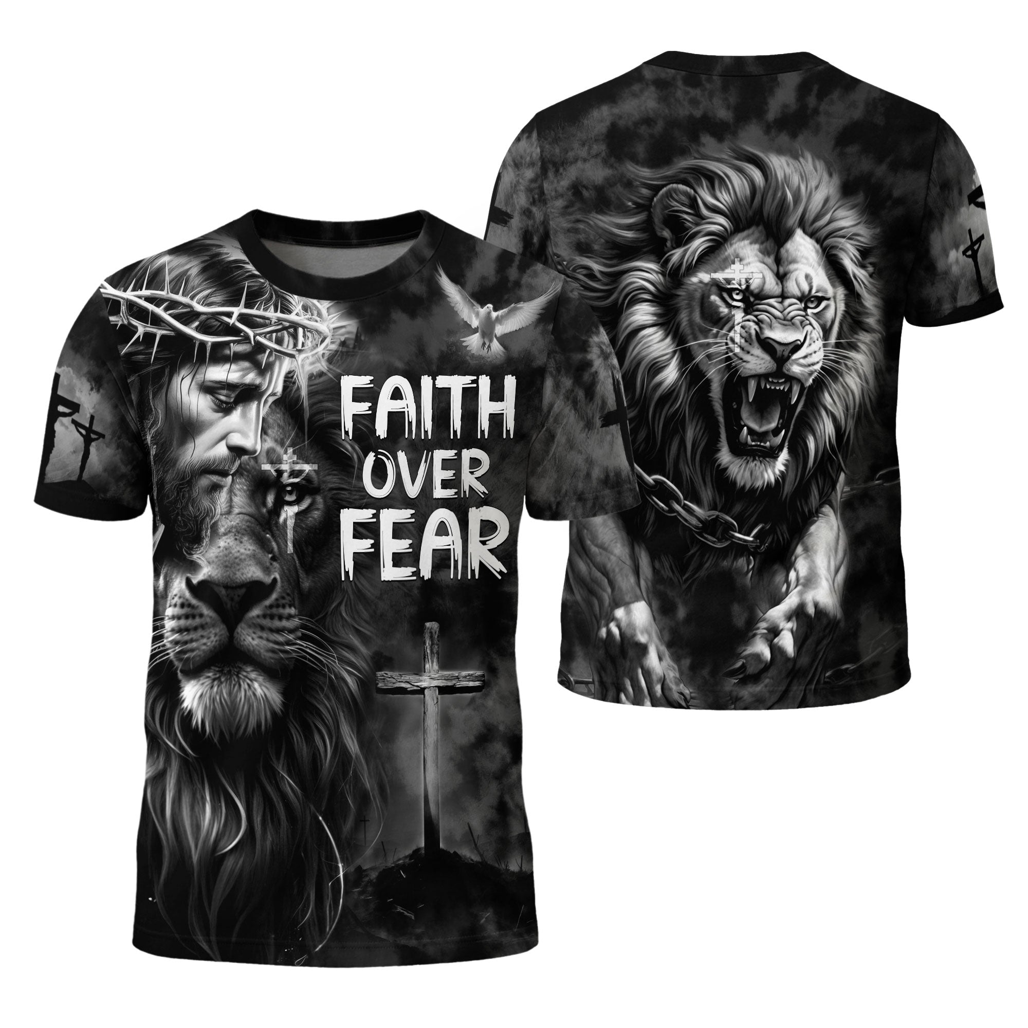 Faith Over Fear Jesus Lion of Judah Cross Christian T-Shirt
