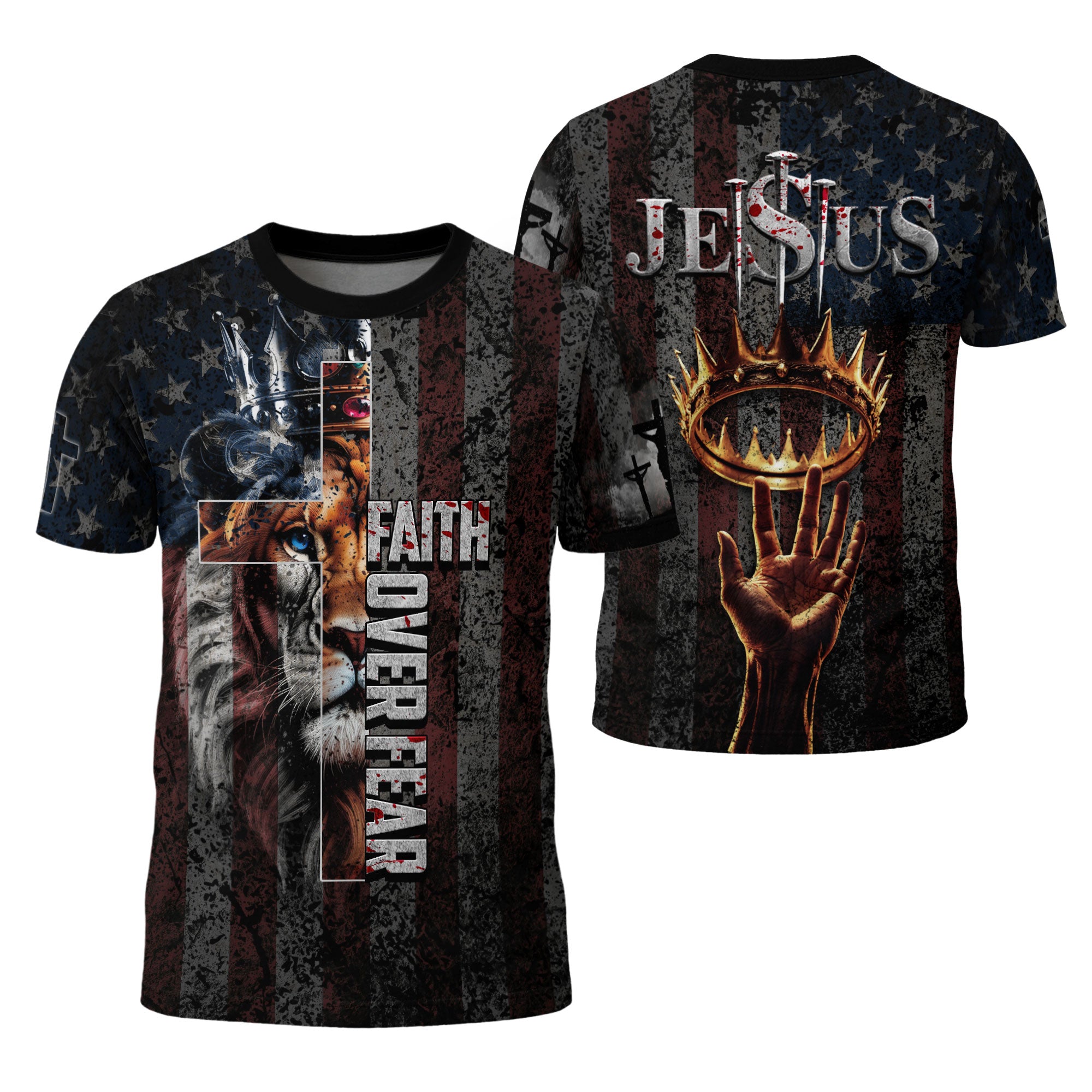 Faith Over Fear Jesus Crown Lion Of Judah American Flag Christian Warrior T-Shirt
