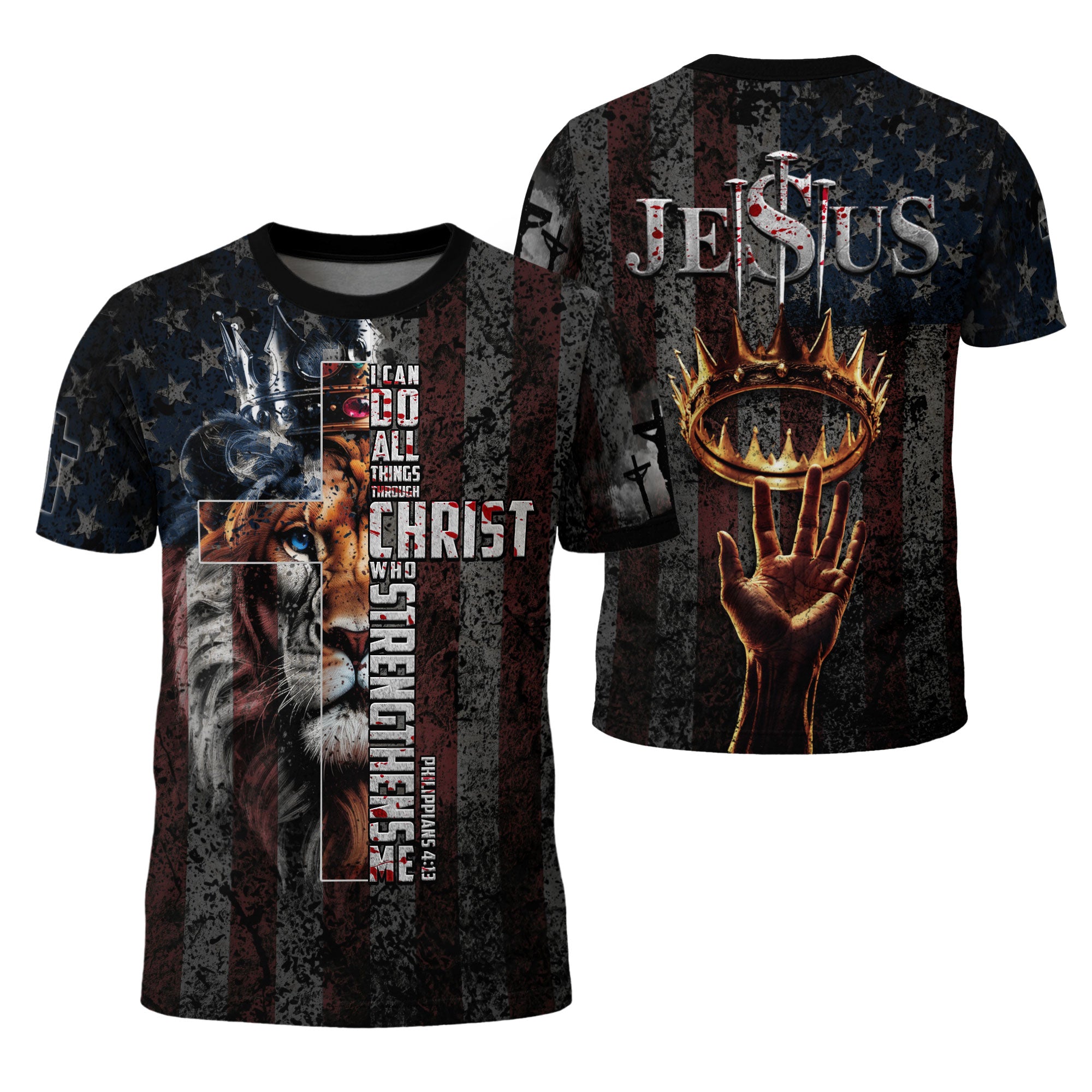 I Can Do All Things Through Christ American Flag Cross Lion Crown Christian T-Shirt