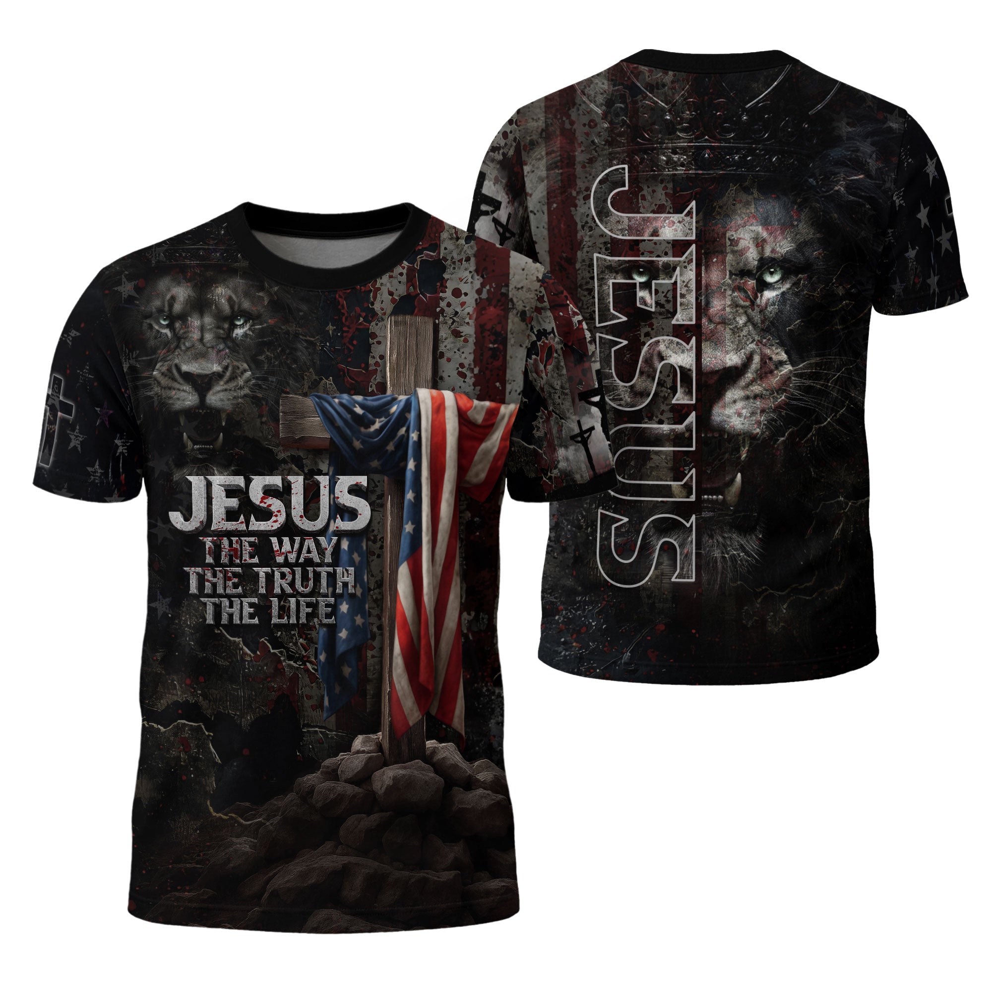 Jesus The Way The Truth The Life American Flag Cross Lion Christian T-Shirt