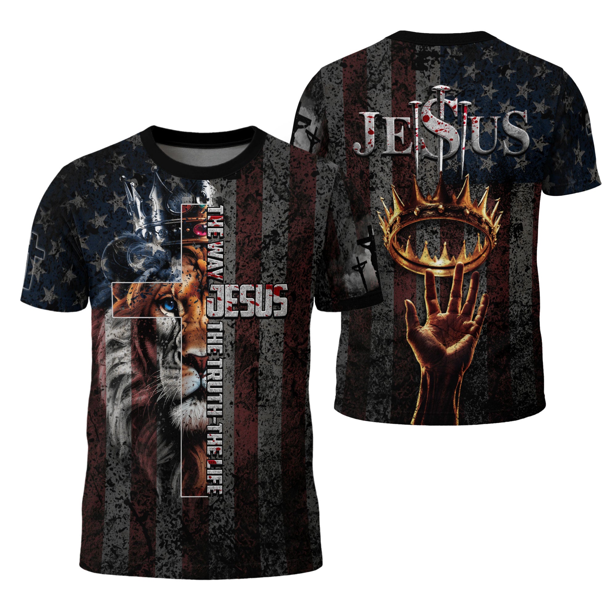 Jesus The Way The Truth The Life Lion Crown Cross American Flag Christian T-Shirt