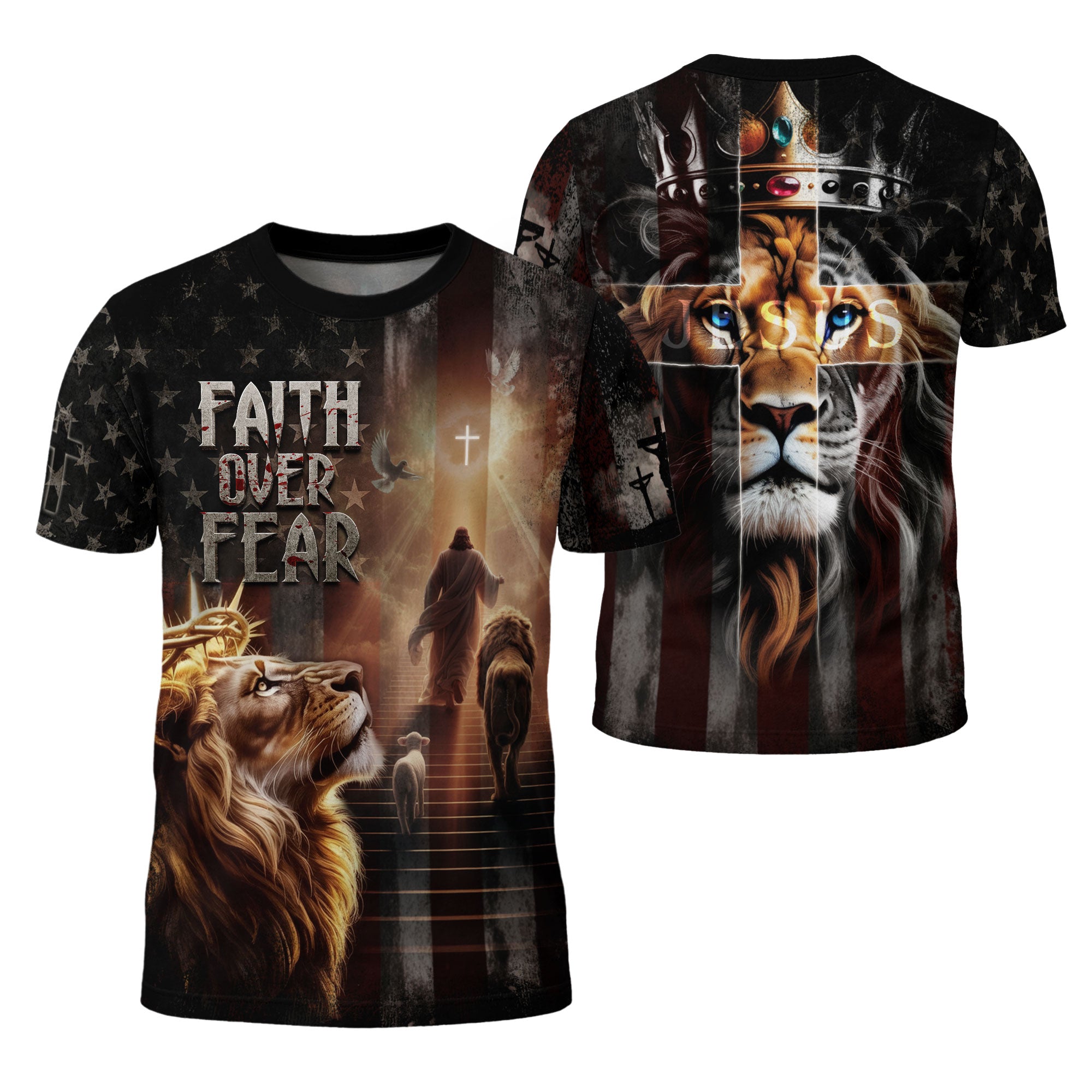 Faith Over Fear Lion of Judah Jesus American Flag Christian T-Shirt