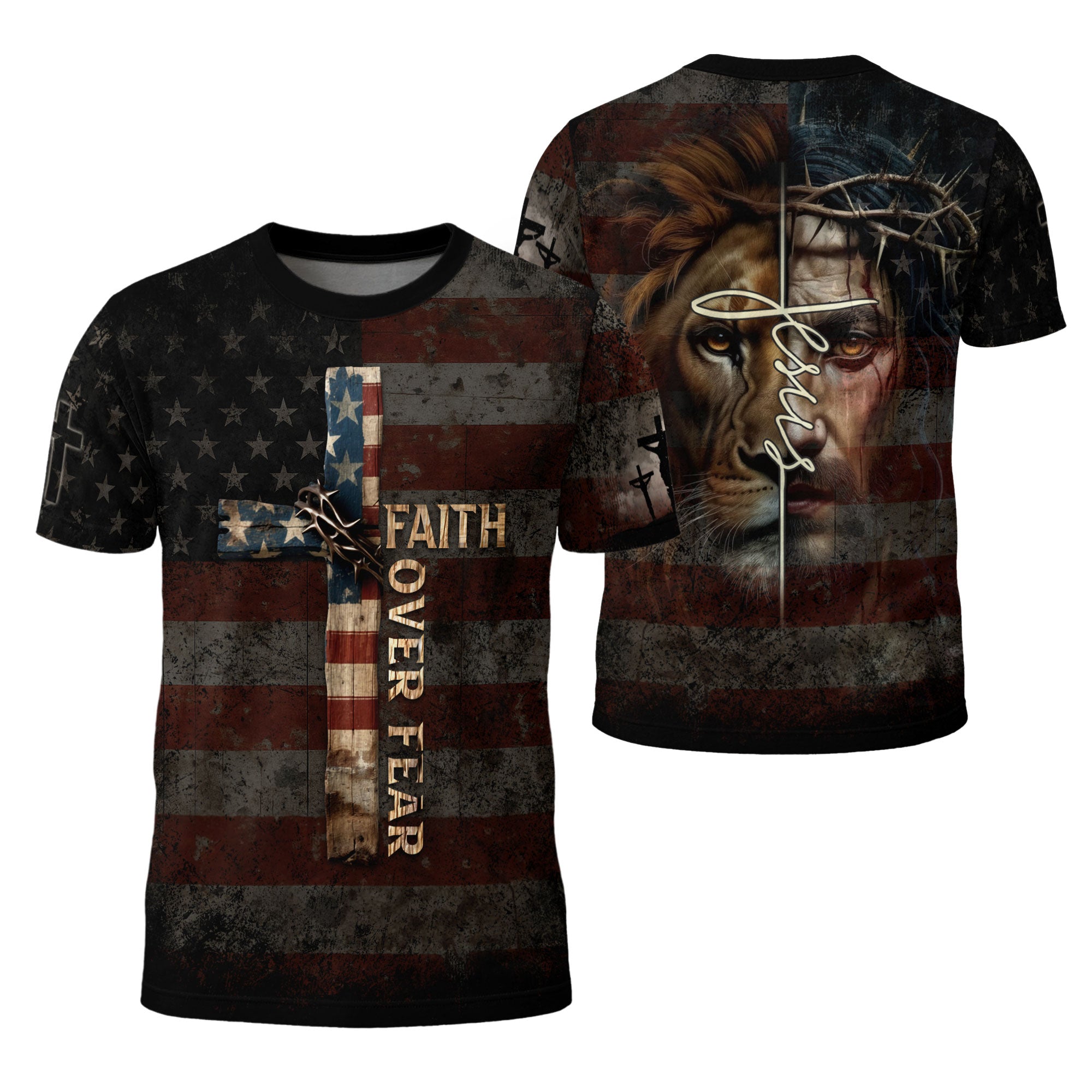 Faith Over Fear Cross American Flag Lion of Judah Jesus Christian T-Shirt