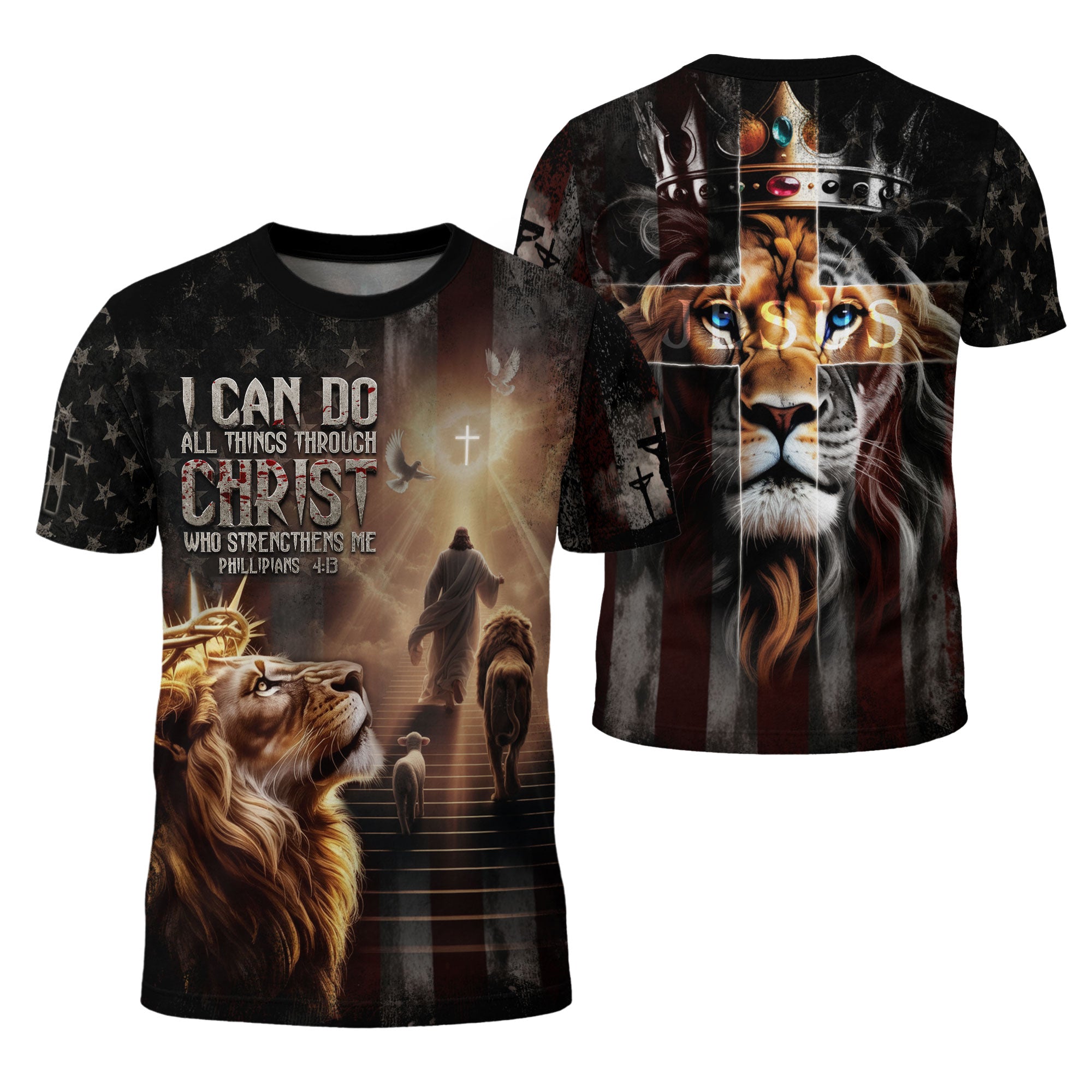 I Can Do All Things Through Christ Lion of Judah American Flag Christian T-Shirt