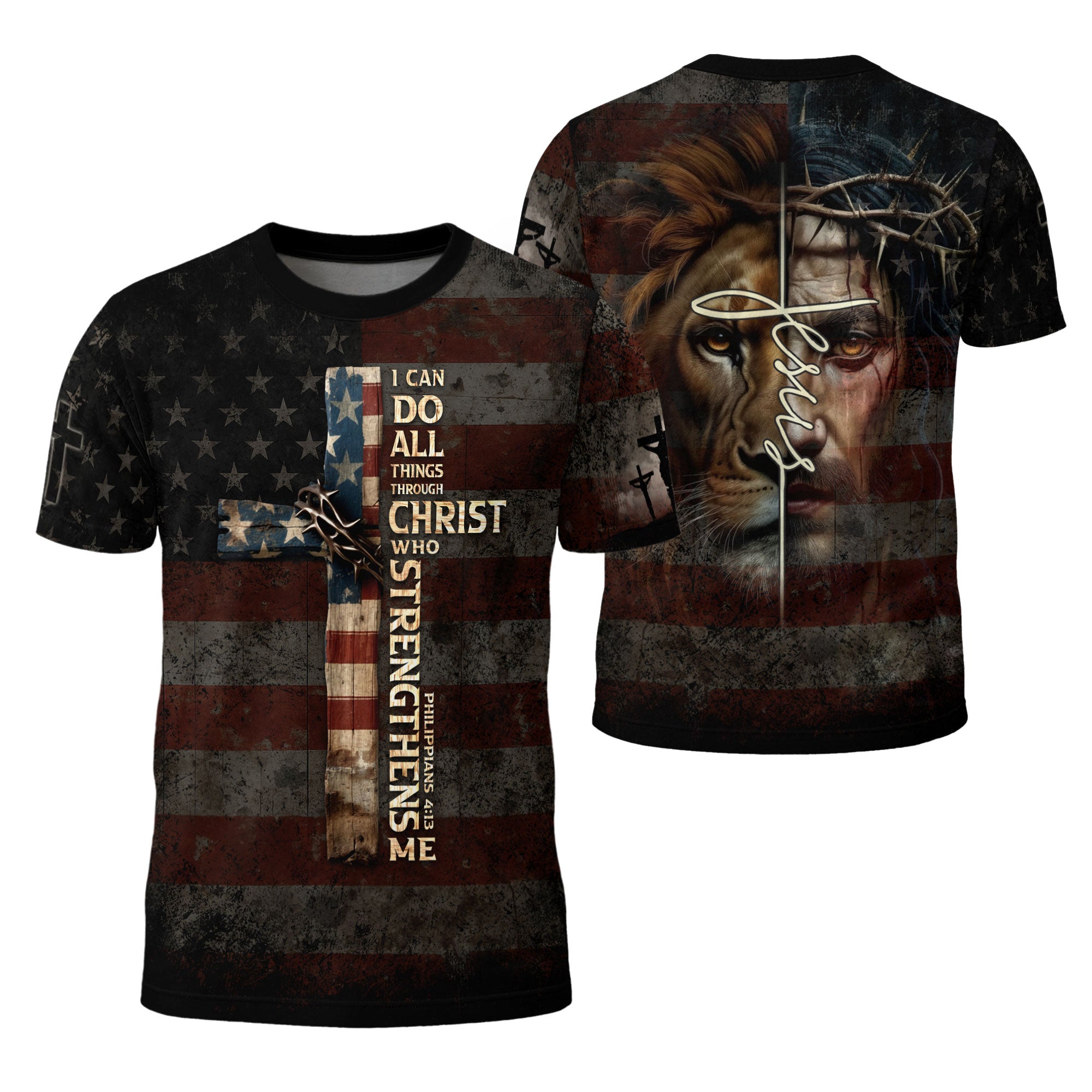 I Can Do All Things Through Christ Cross American Flag Jesus Lion T-Shirt