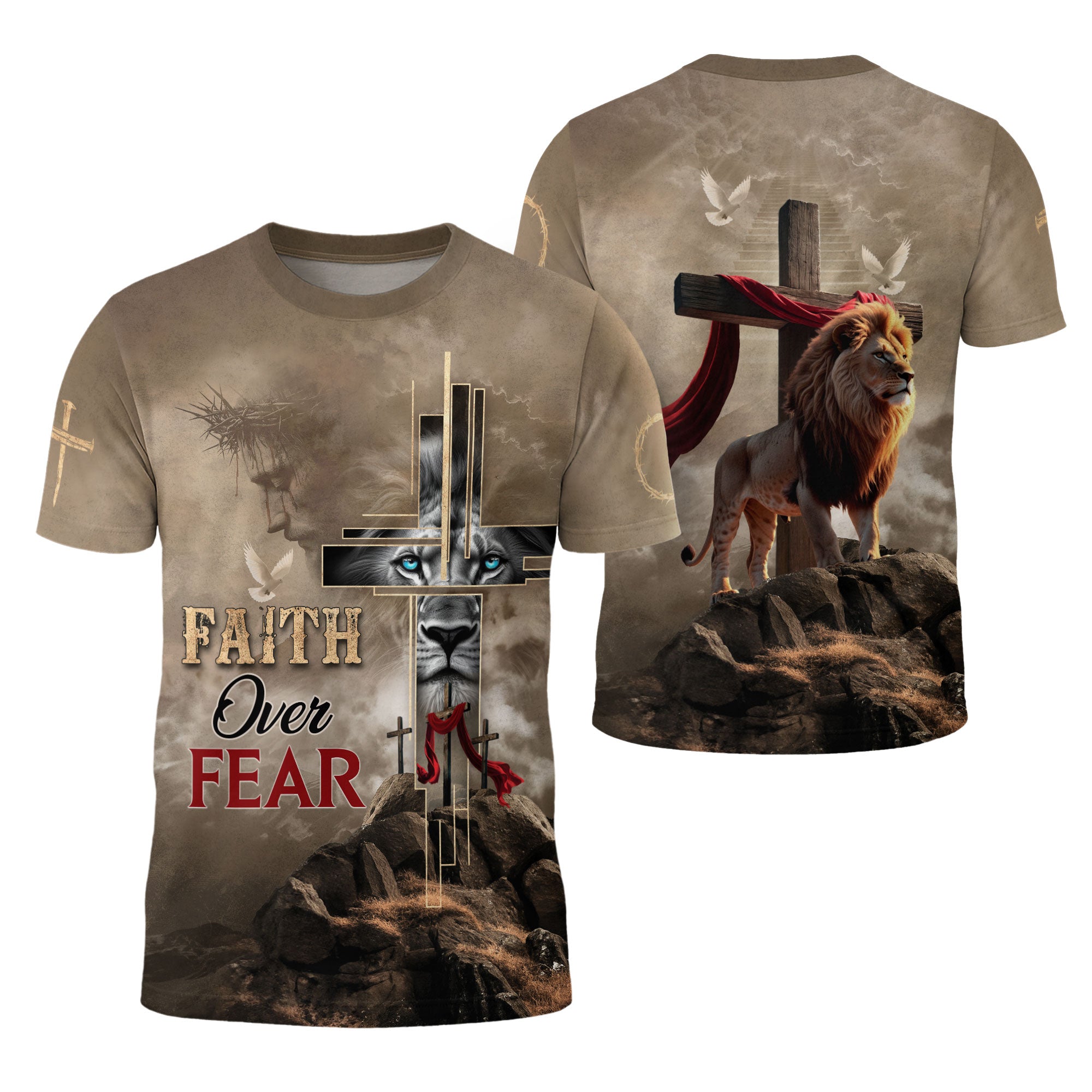 Faith Over Fear Christian T-Shirt Lion Cross Desert Light Design