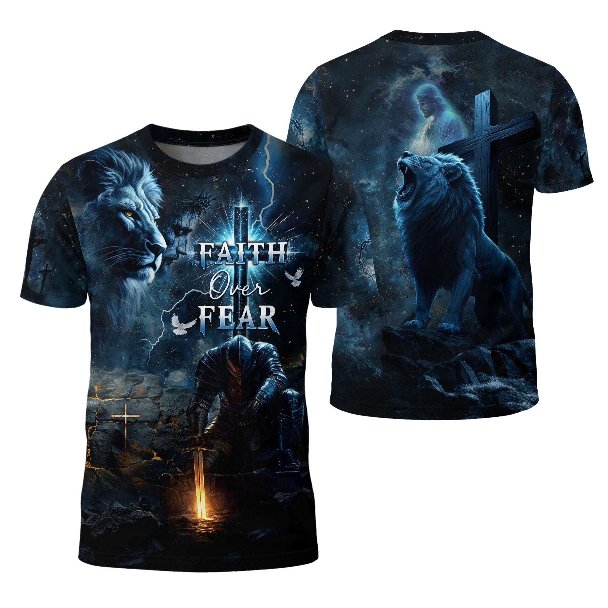 Faith Over Fear Christian T-Shirt Lion Cross Warrior Blue Night Design