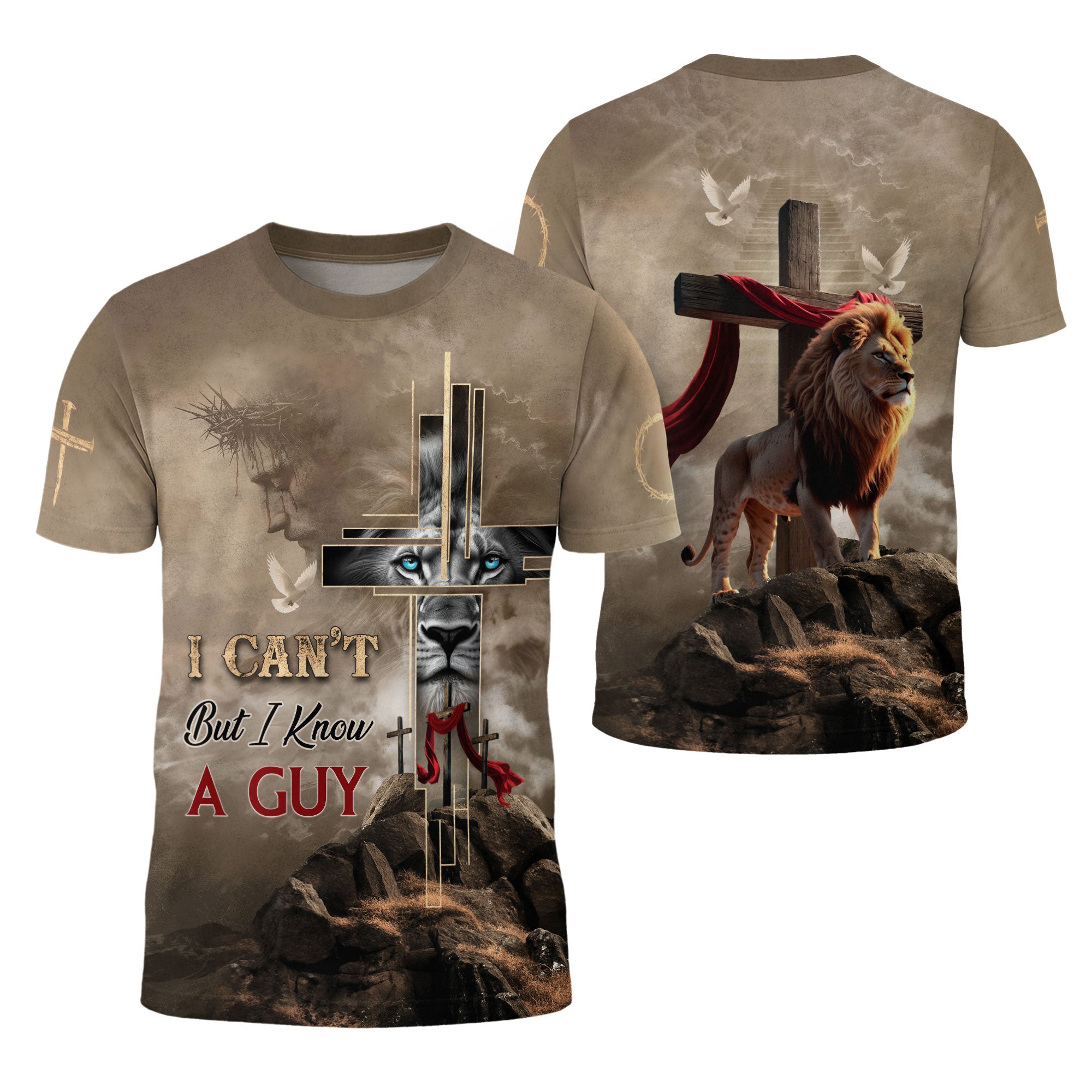 I Can’t But I Know A Guy Christian T-Shirt Fire Lion Jesus Cross Design Religious