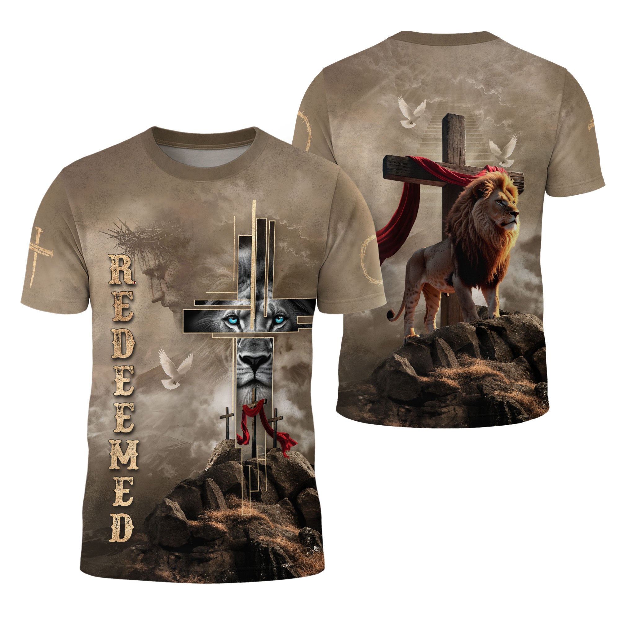 Redeemed Christian T-Shirt Lion Cross Desert Faith Design