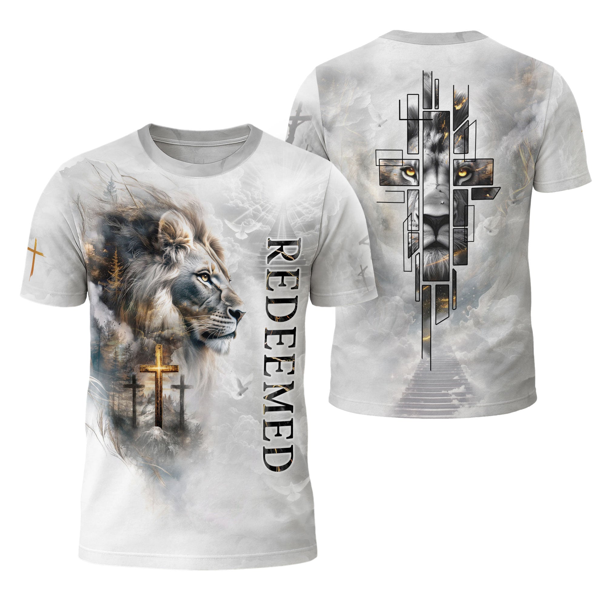 Redeemed Christian T-Shirt Lion Cross White Heaven Design