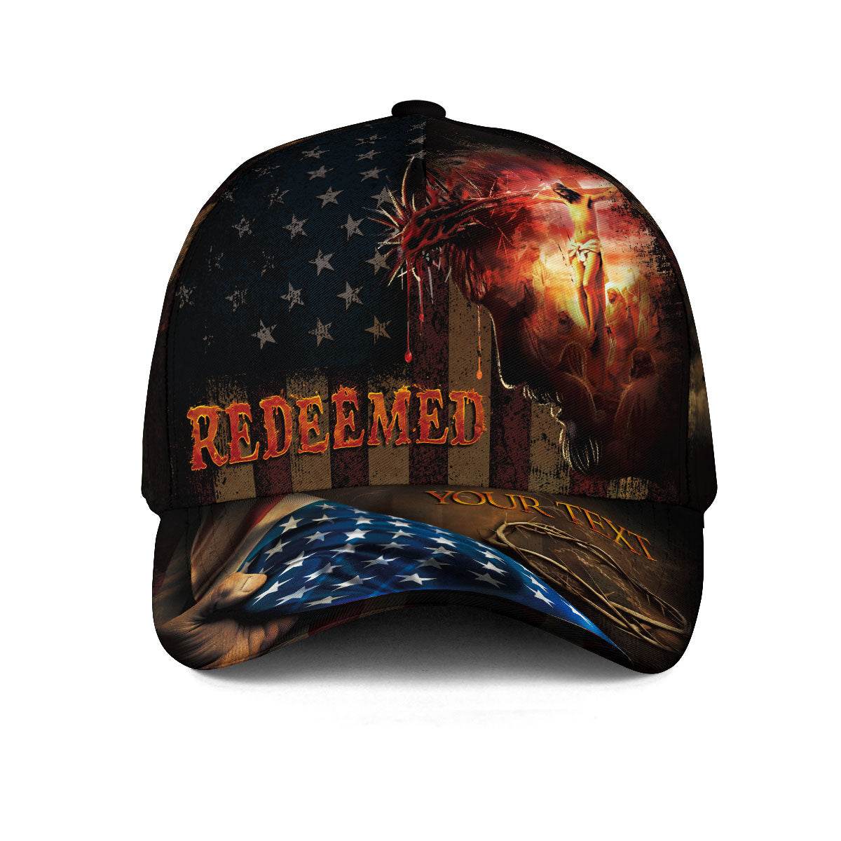 Redeemed by the Blood – Christian Flag Custom Cap with Cross & Christ Silhouette - Rust Field Wear