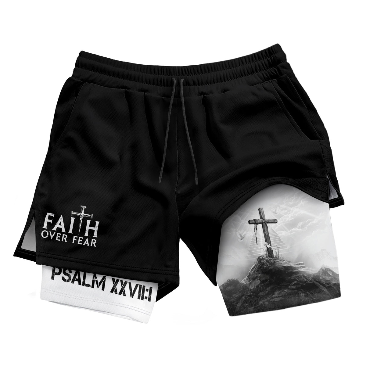 Faith Over Fear Christian Gym Shorts for Men Psalms 27:1 - Rust Field Wear