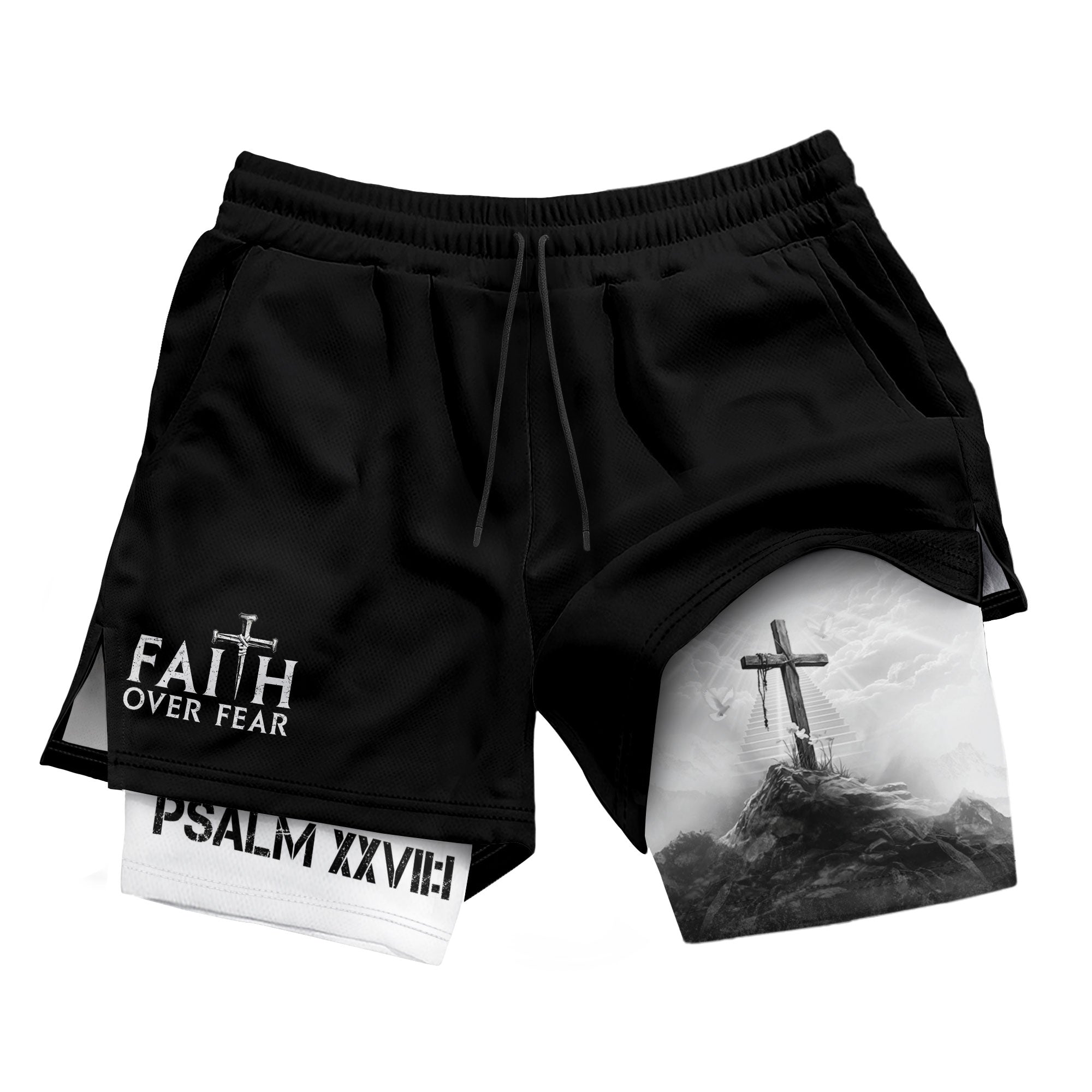 Faith Over Fear Christian Gym Shorts for Men Psalms 27:1 - Rust Field Wear