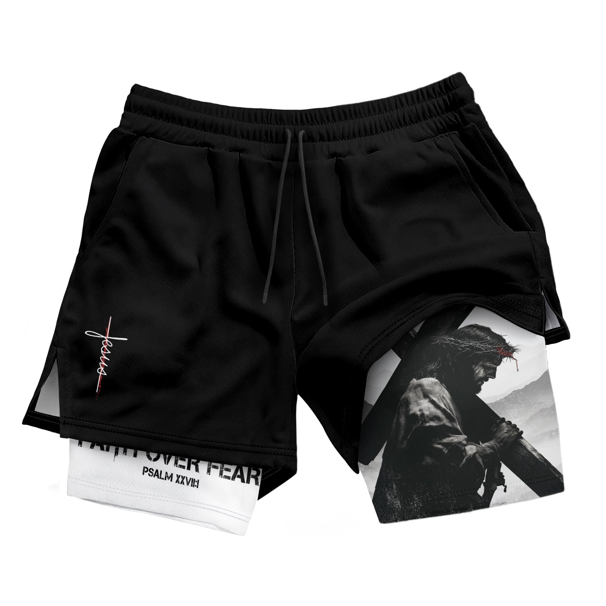 Faith Over Fear Christian Gym Shorts for Men Jesus Cross Design - Rust Field Wear