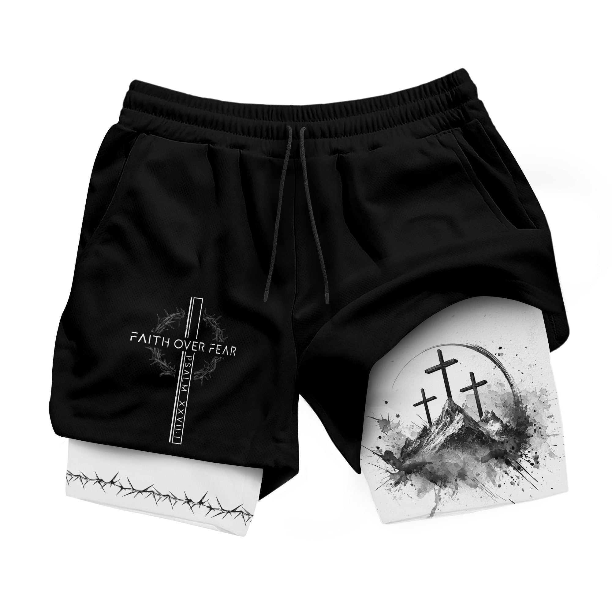 Faith Over Fear Christian Gym Shorts for Men Psalms 27:1 Cross Design