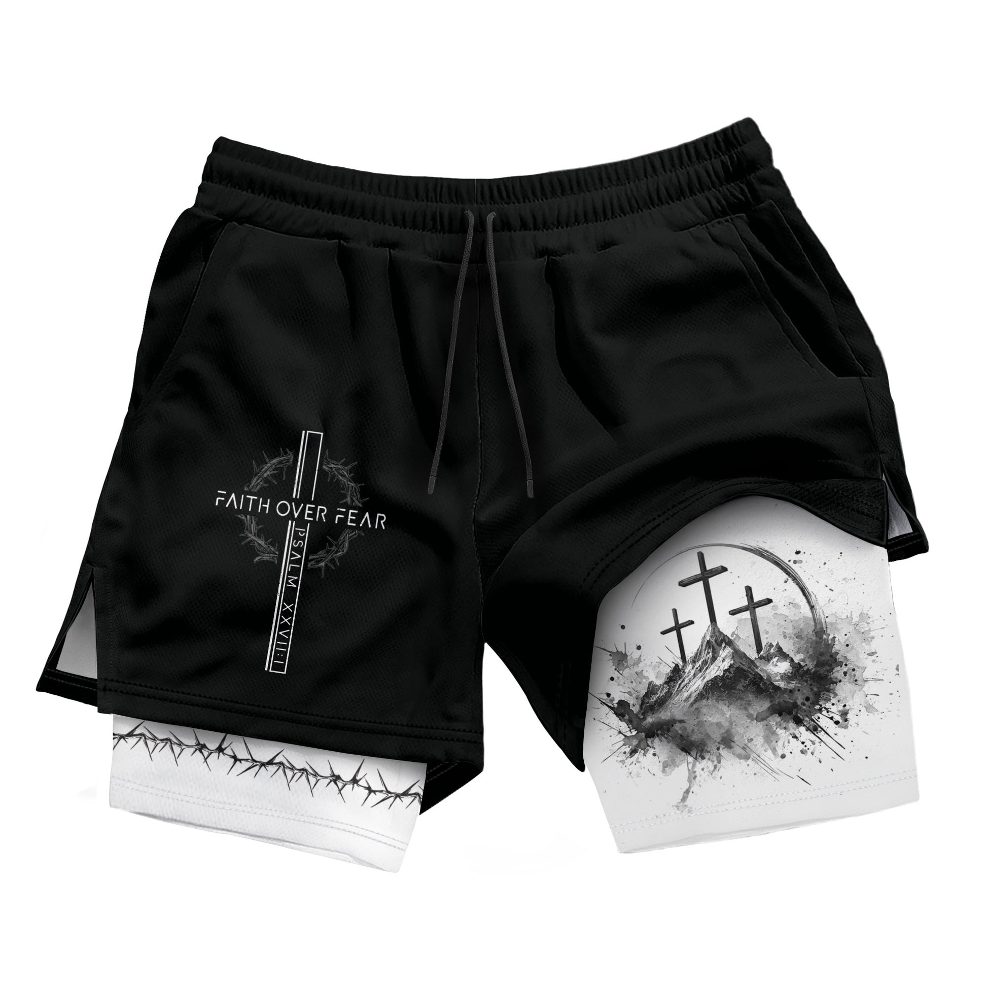 Faith Over Fear Christian Gym Shorts for Men Psalms 27:1 Cross Design - Rust Field Wear