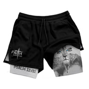 Faith Over Fear Christian Gym Shorts for Men Lion Cross Design - Rust Field Wear