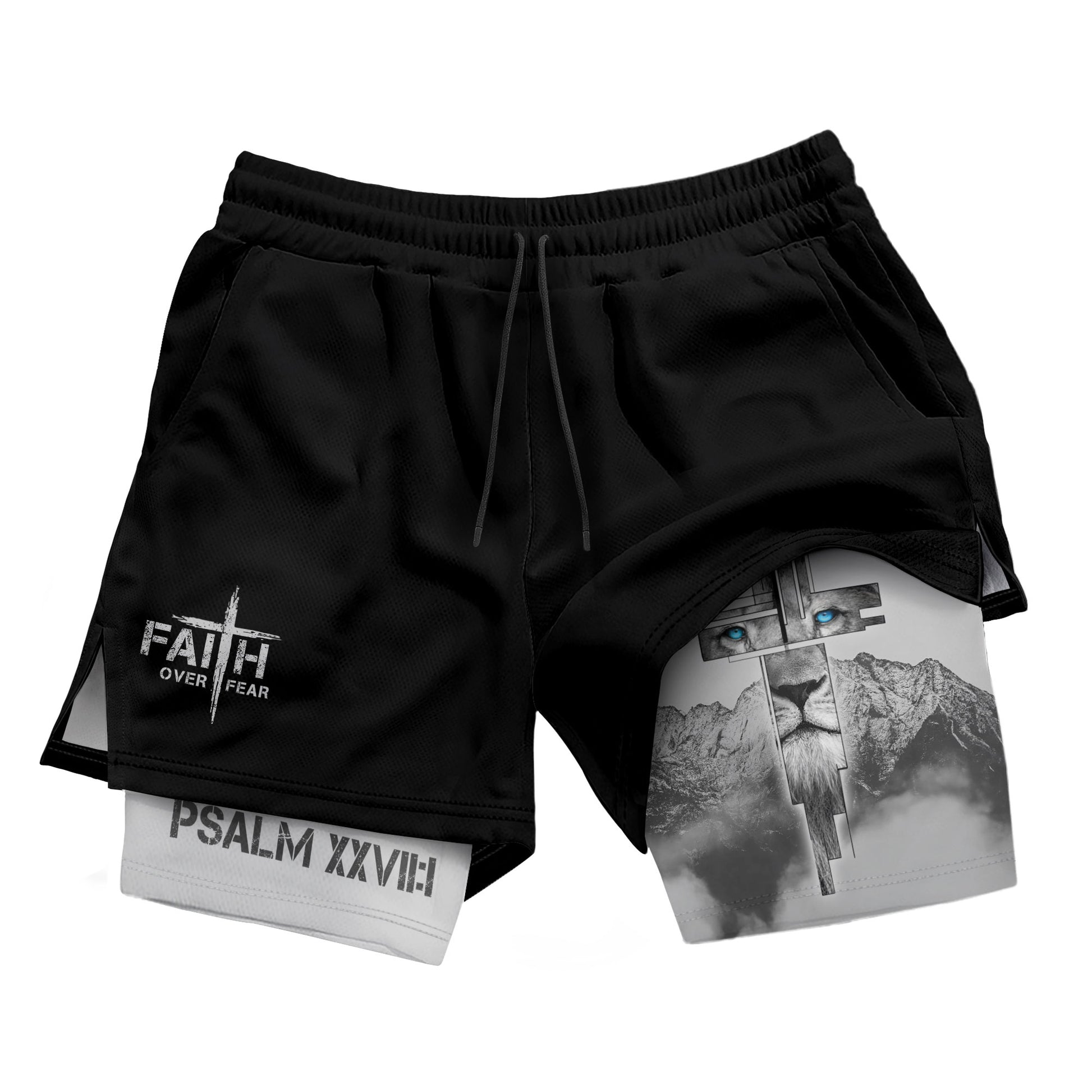 Faith Over Fear Christian Gym Shorts for Men Lion Cross Design - Rust Field Wear