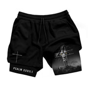 Faith Over Fear Christian Gym Shorts for Men Lion Cross Psalms 27:1