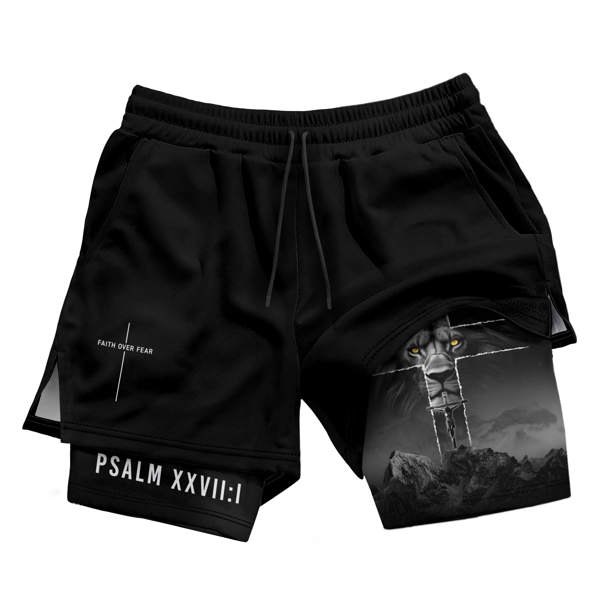 Faith Over Fear Christian Gym Shorts for Men Lion Cross Psalms 27:1 - Rust Field Wear