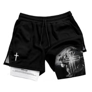 John 3:16 Christian Gym Shorts for Men Lion Cross Faith Design - Rust Field Wear