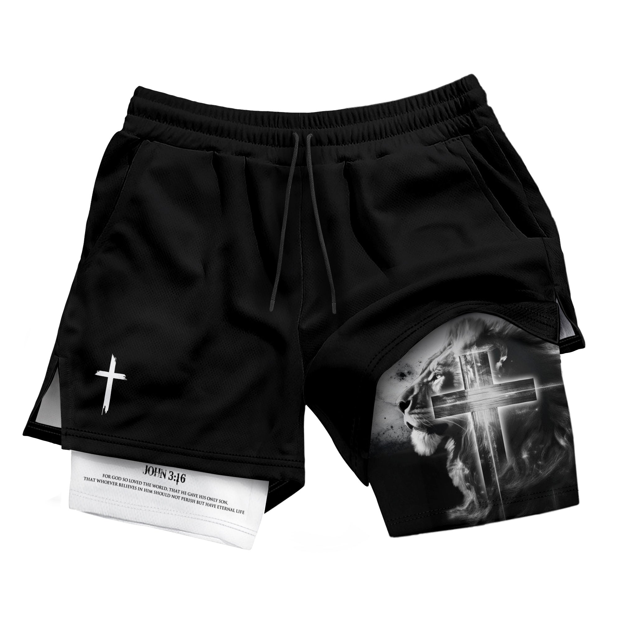 John 3:16 Christian Gym Shorts for Men Lion Cross Faith Design - Rust Field Wear