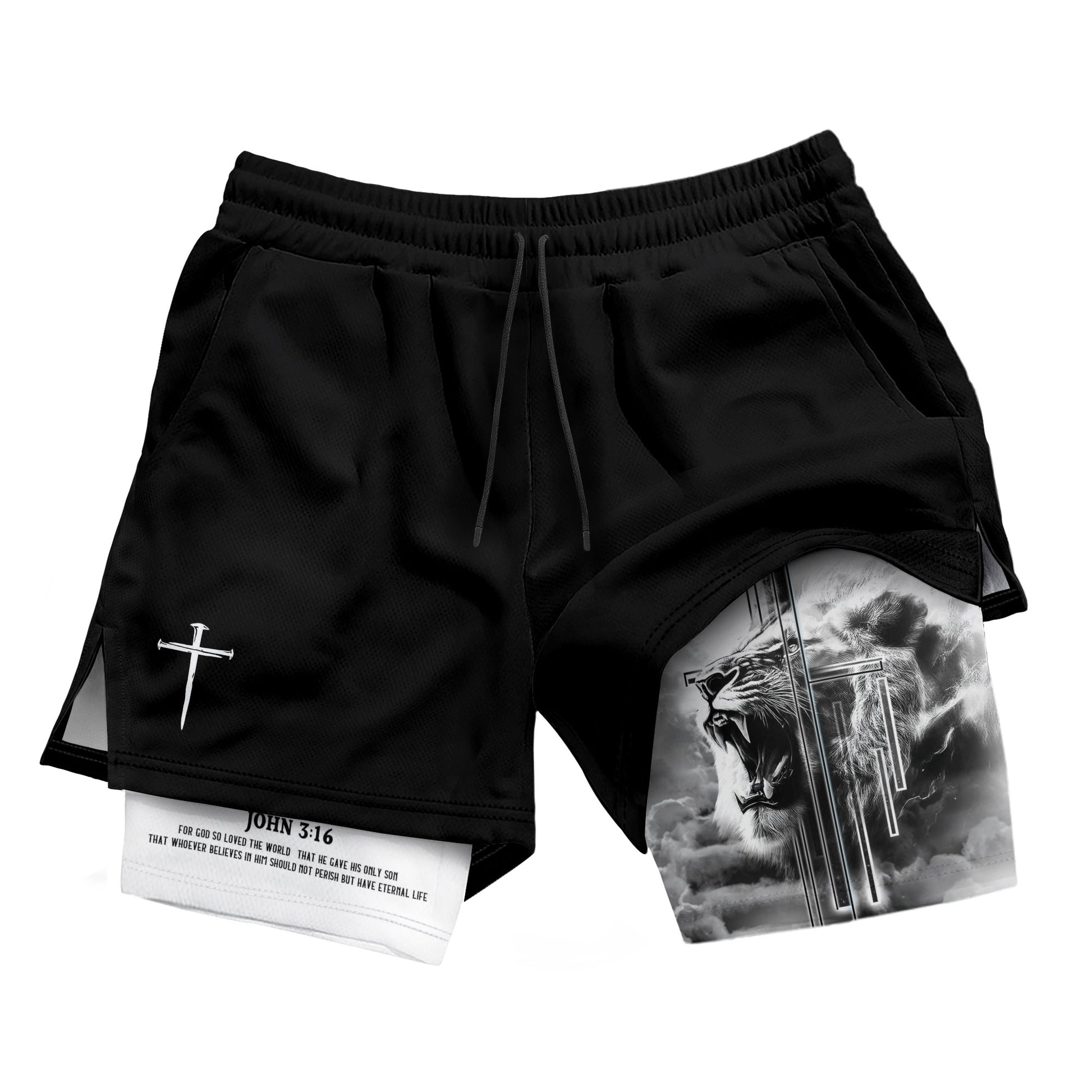John 3:16 Christian Gym Shorts for Men Lion Cross Bible Verse - Rust Field Wear