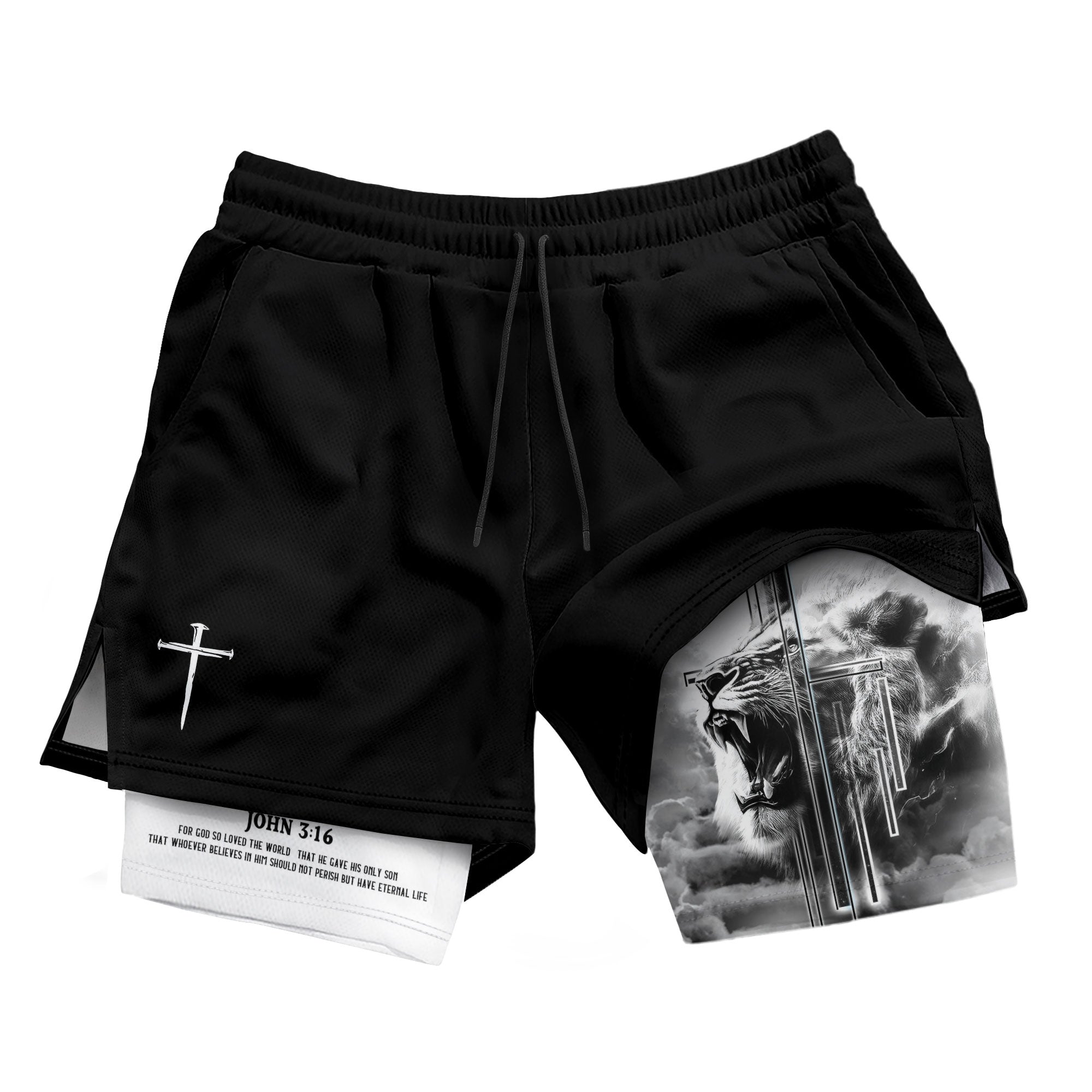 John 3:16 Christian Gym Shorts for Men Lion Cross Bible Verse - Rust Field Wear